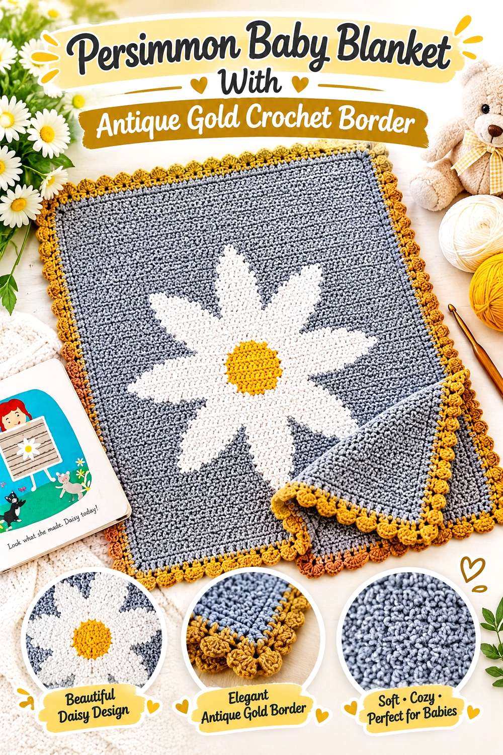Persimmon Baby Blanket With Antique Gold Crochet Border