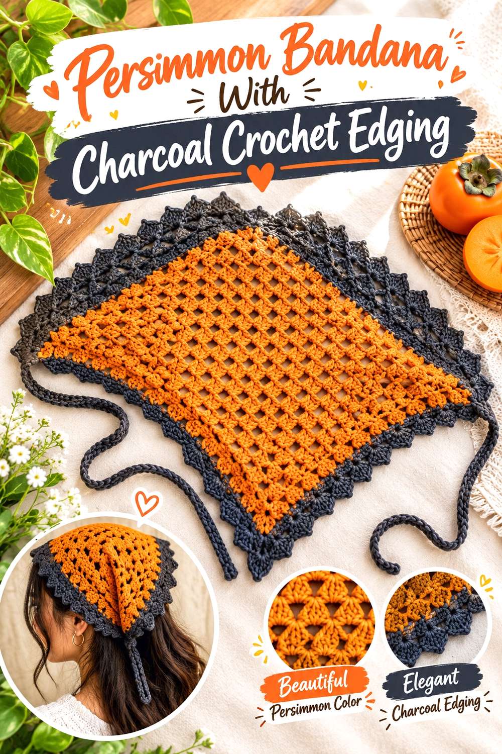Persimmon Bandana With Charcoal Crochet Edging