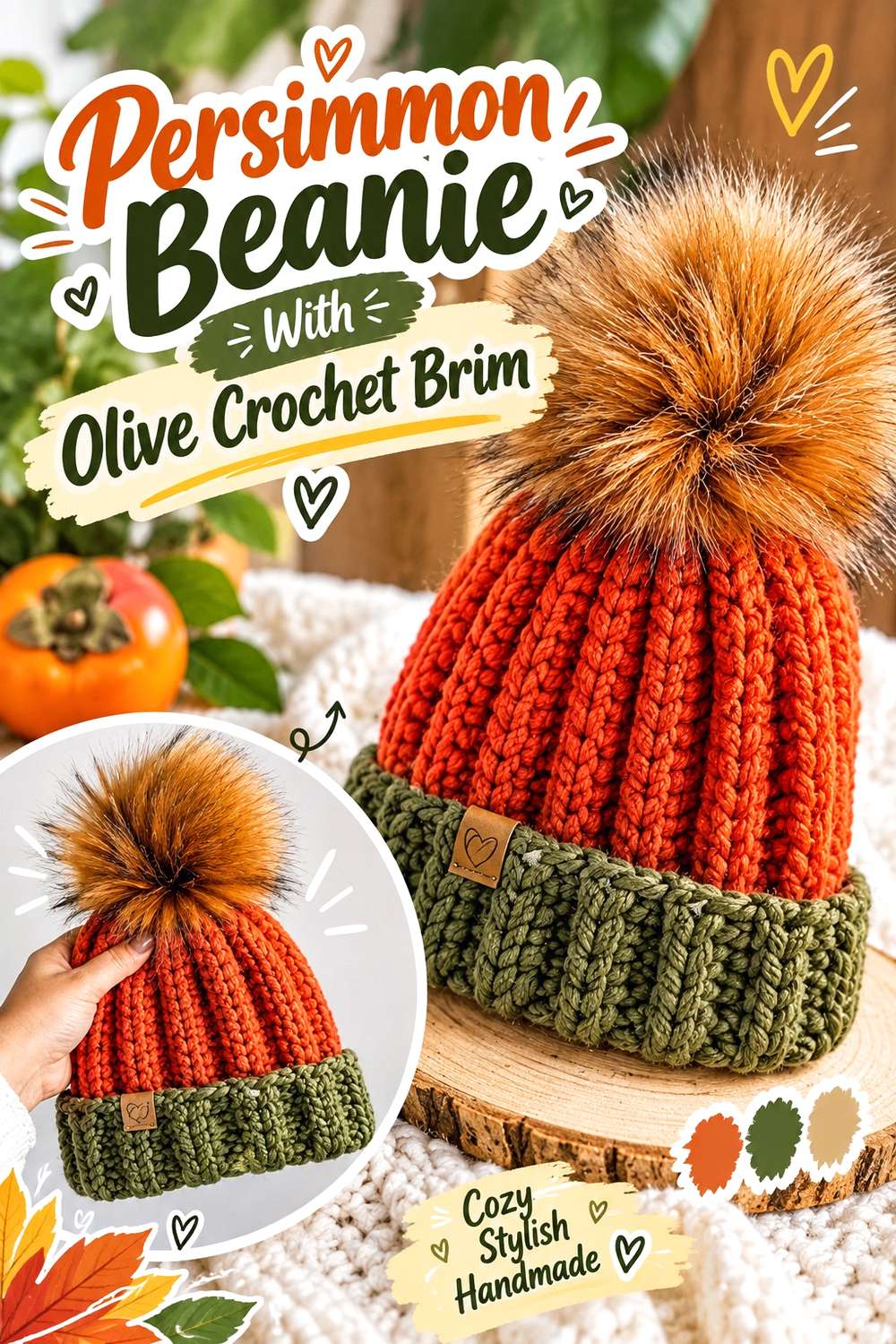 Persimmon Beanie With Olive Crochet Brim