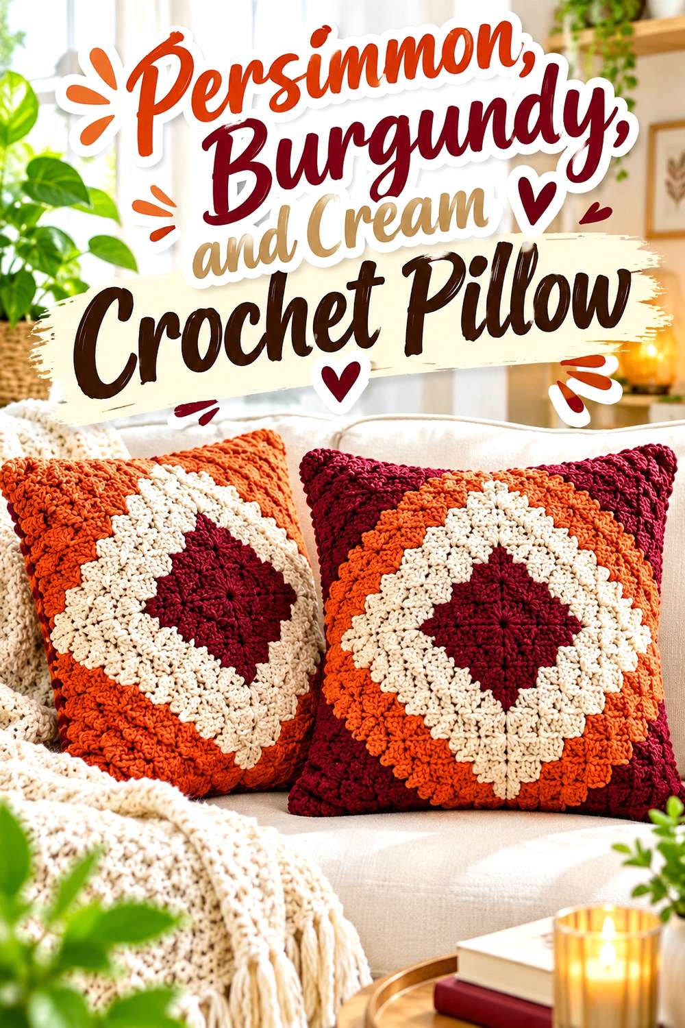 Persimmon, Burgundy, and Cream Crochet Pillow