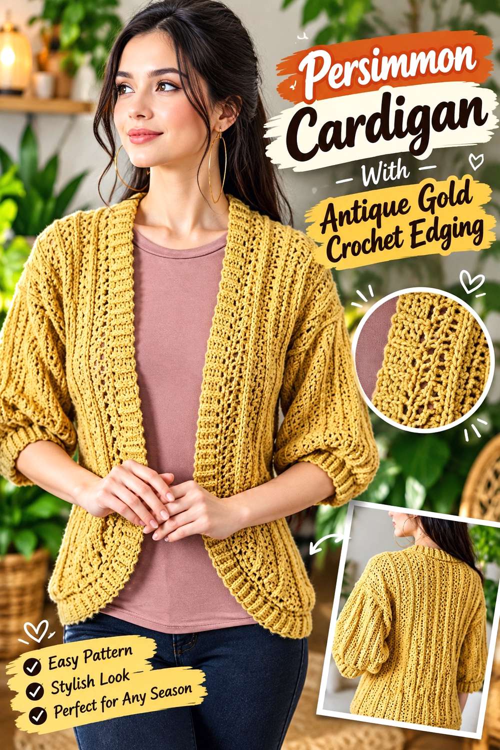Persimmon Cardigan With Antique Gold Crochet Edging