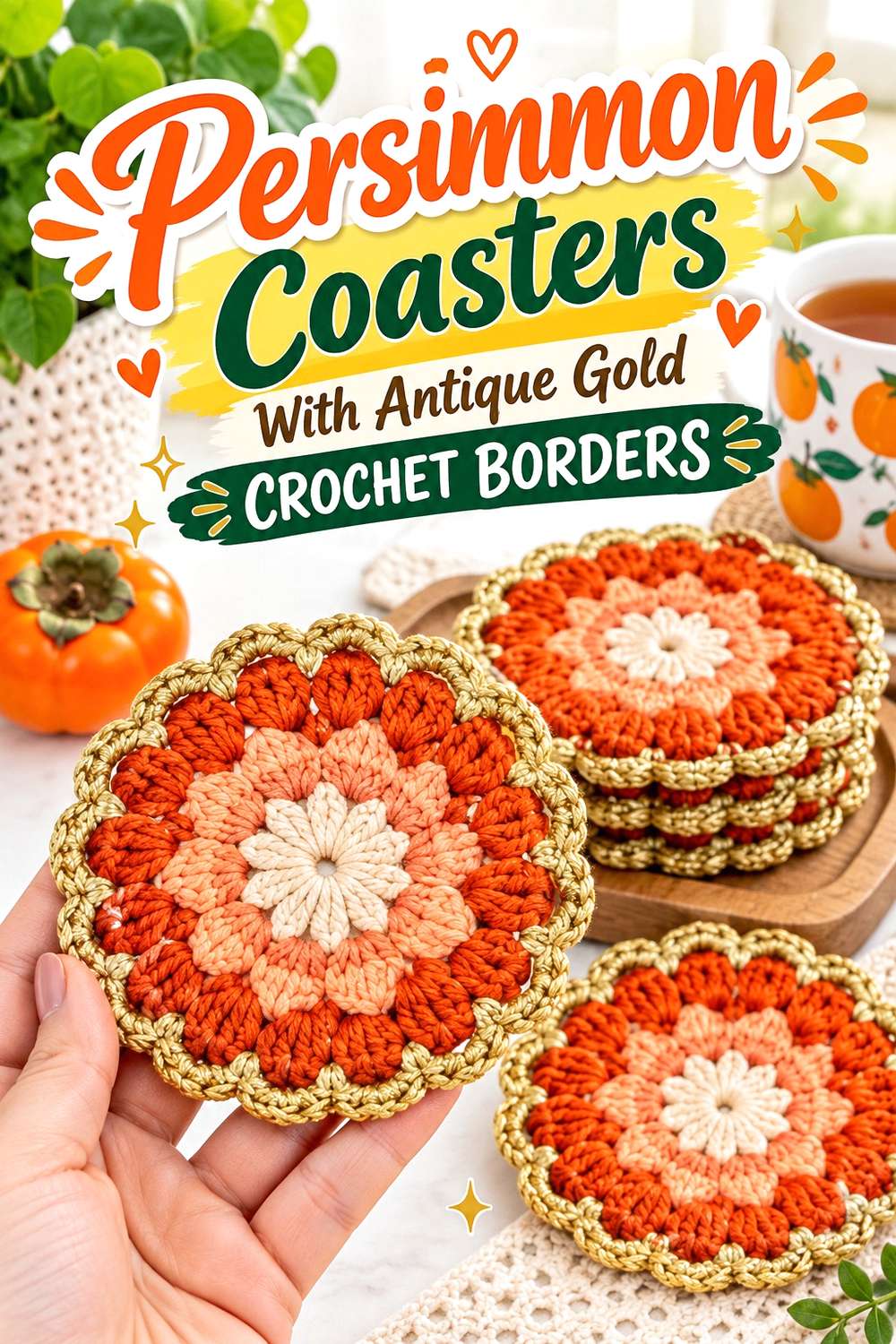 Persimmon Coasters With Antique Gold Crochet Borders