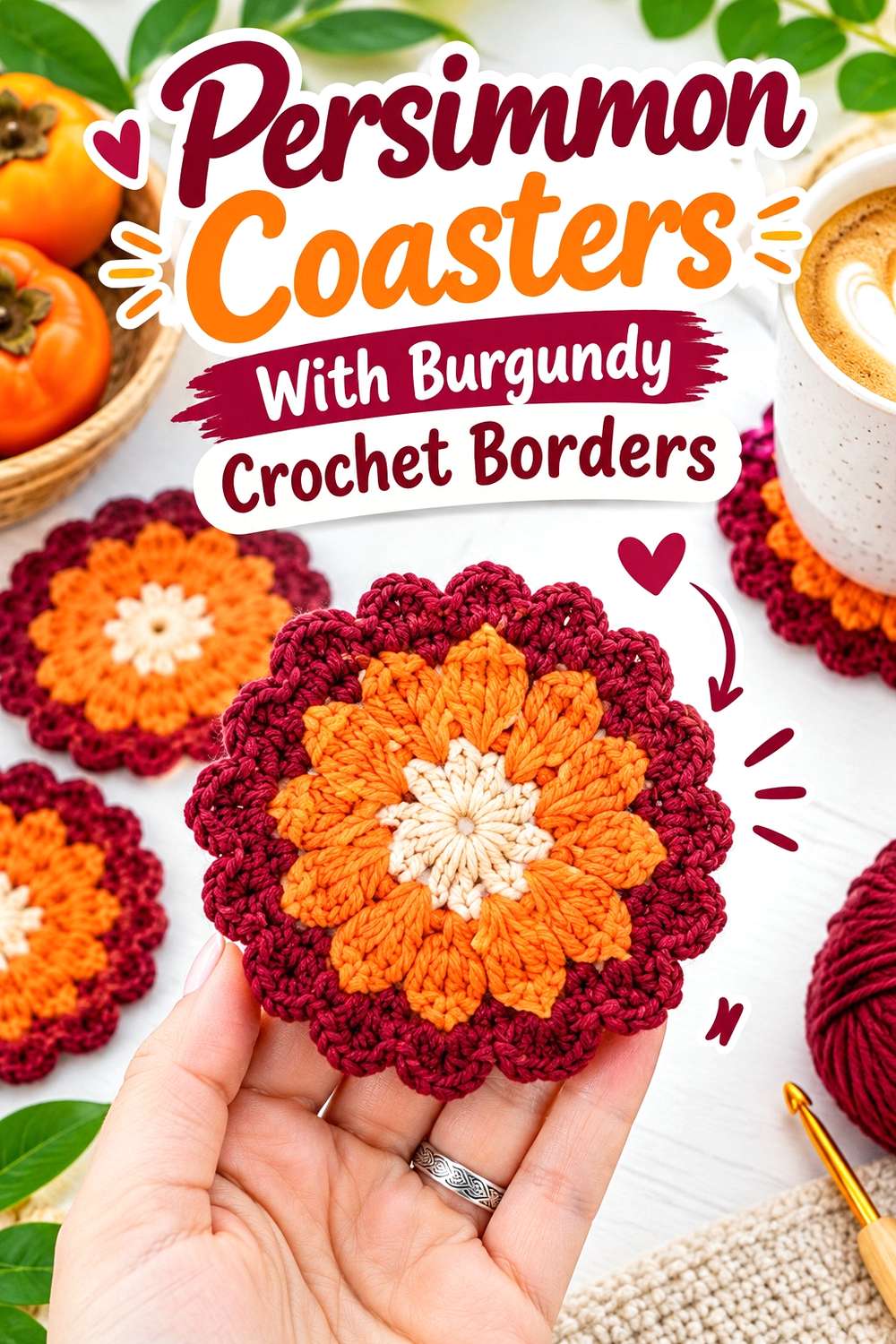 13. Persimmon Coasters With Burgundy Crochet Borders