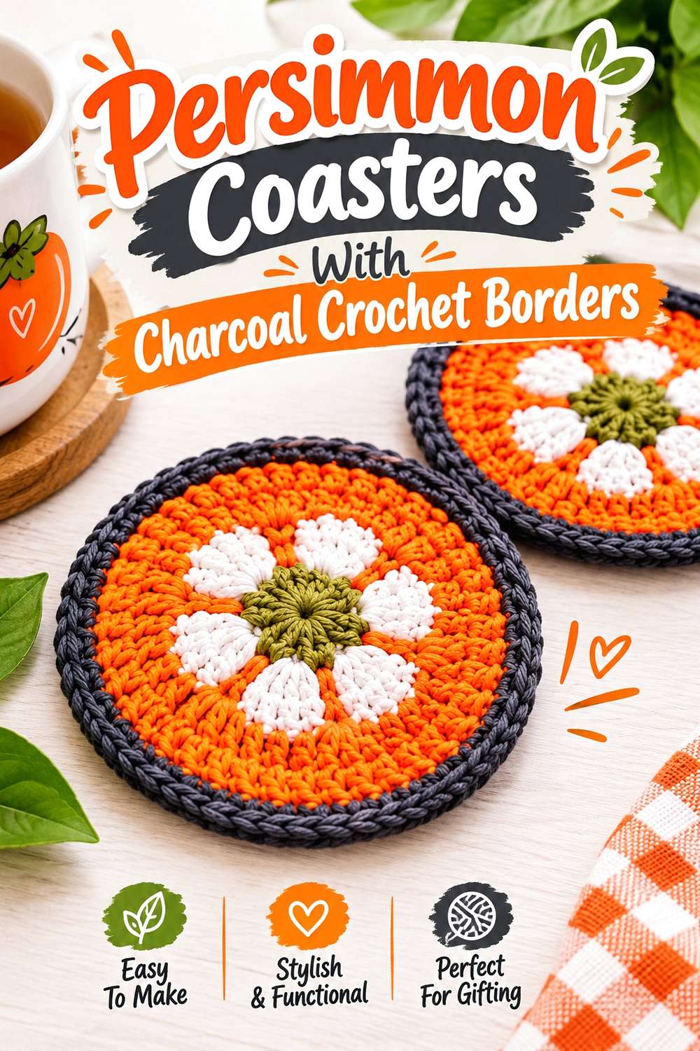 Persimmon Coasters With Charcoal Crochet Borders