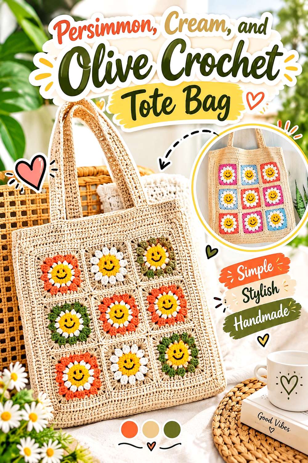 Persimmon, Cream, and Olive Crochet Tote Bag