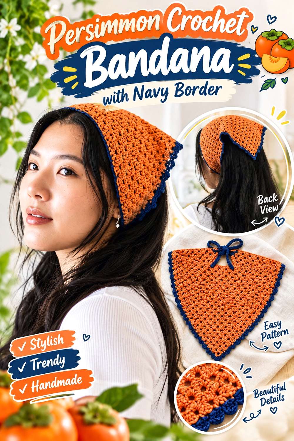 Persimmon Crochet Bandana with Navy Border