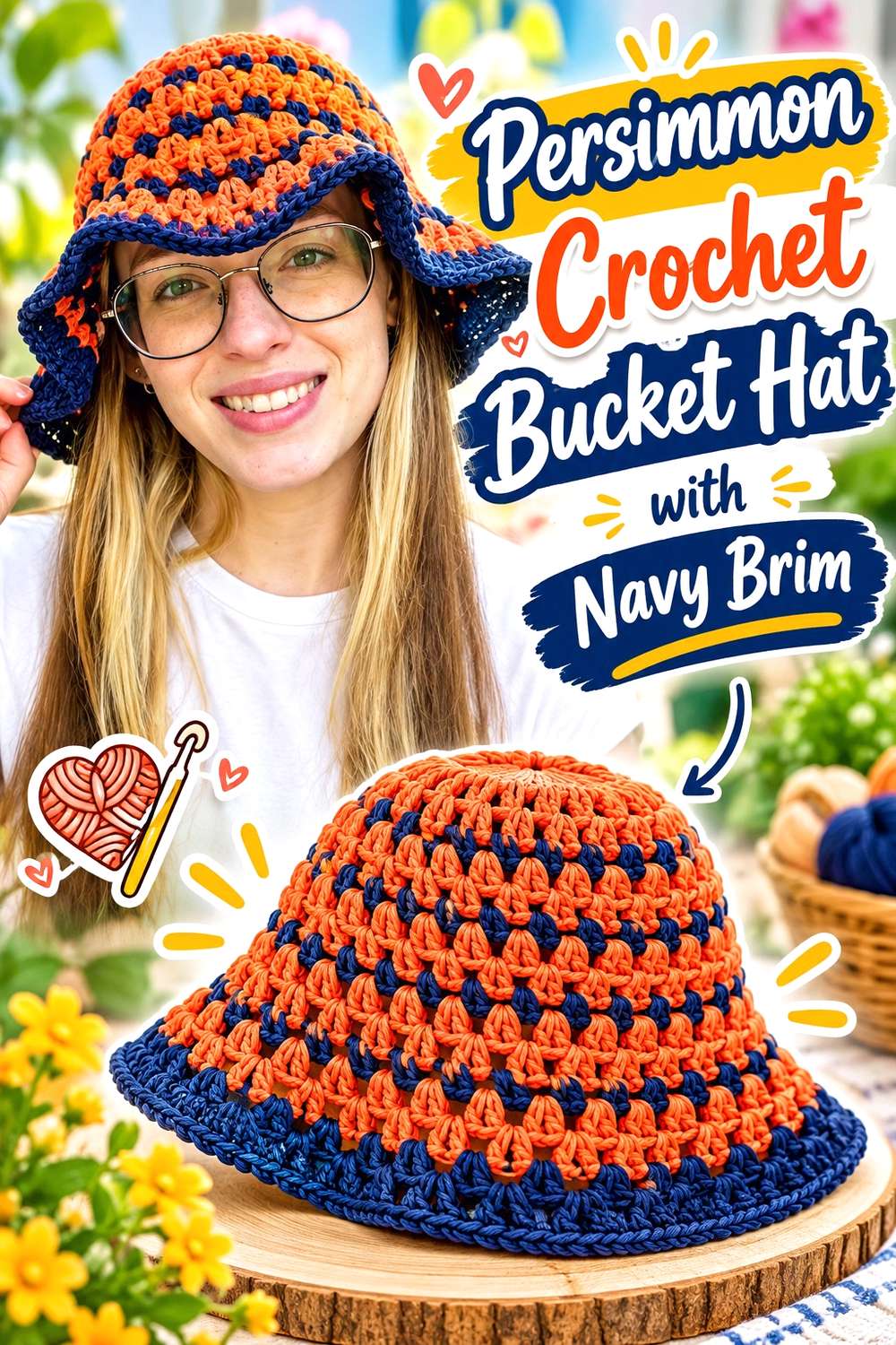 Persimmon Crochet Bucket Hat with Navy Brim