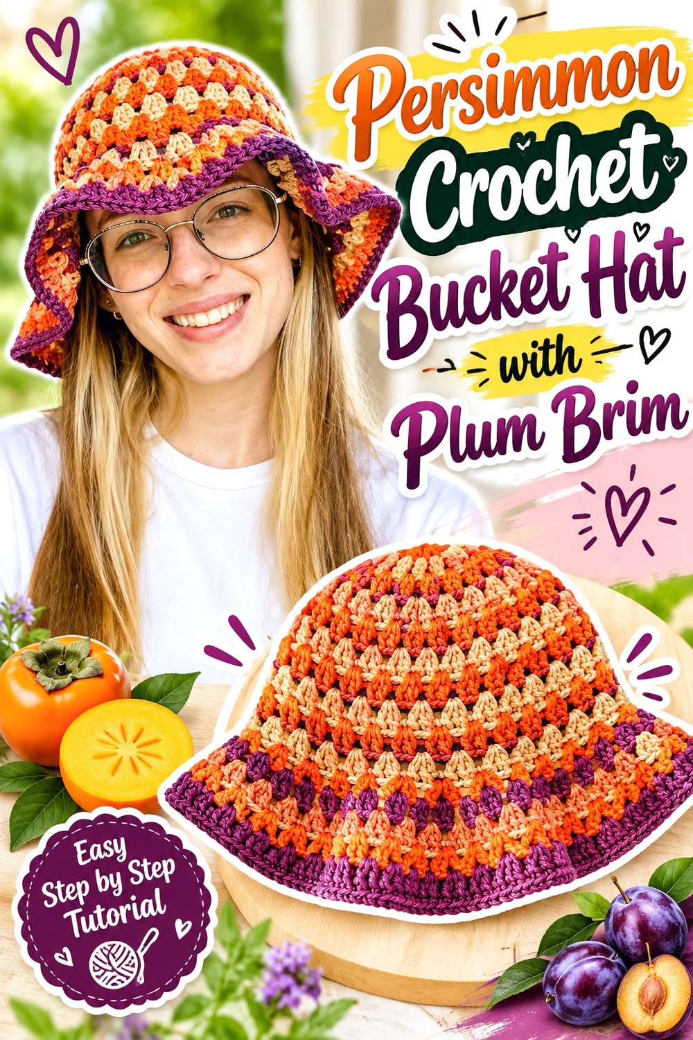 Persimmon Crochet Bucket Hat with Plum Brim