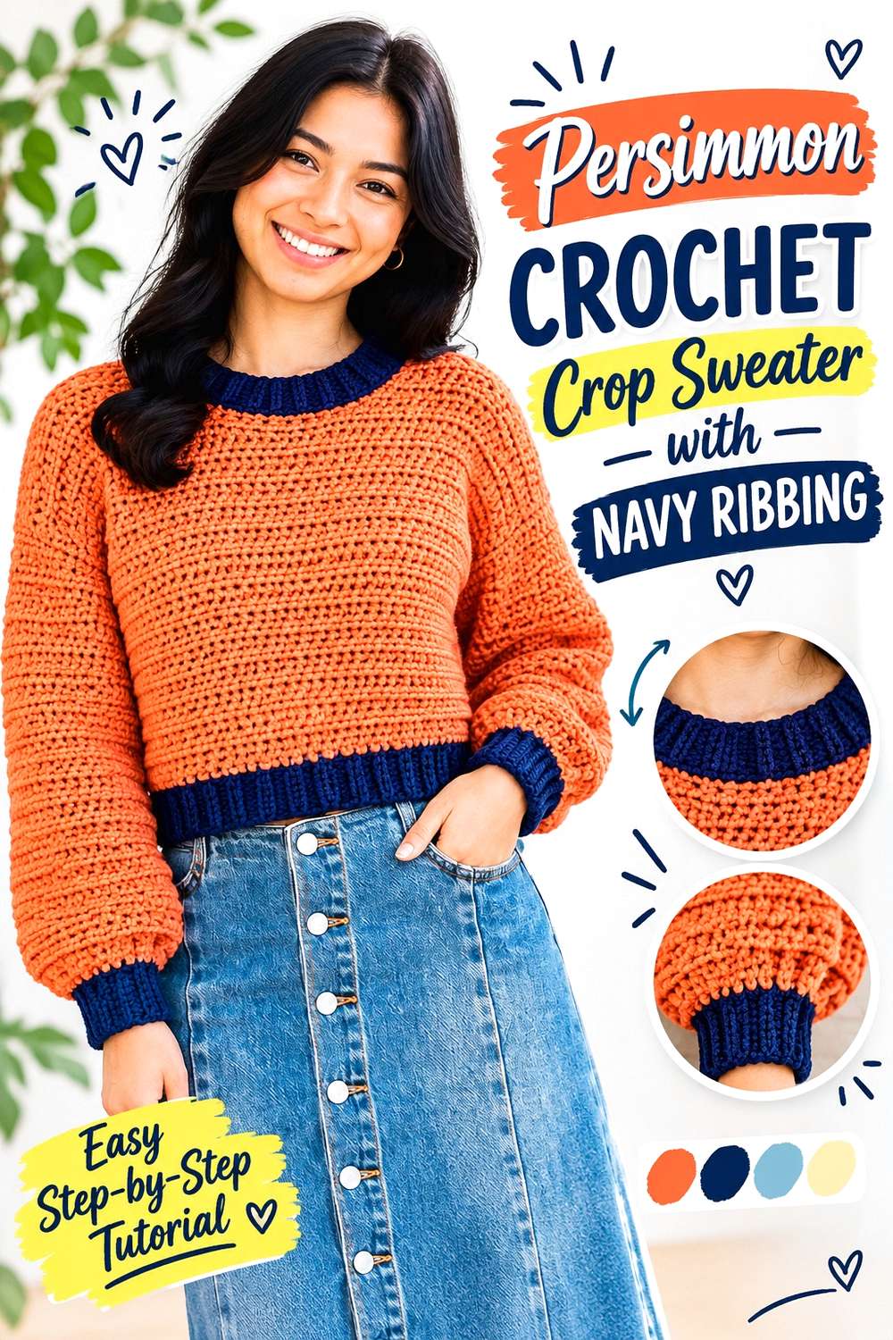 Persimmon Crochet Crop Sweater with Navy Ribbing