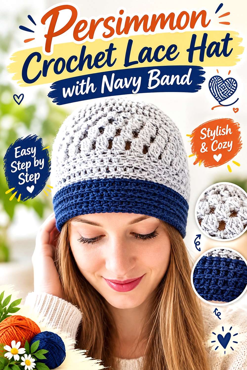 Persimmon Crochet Lace Hat with Navy Band