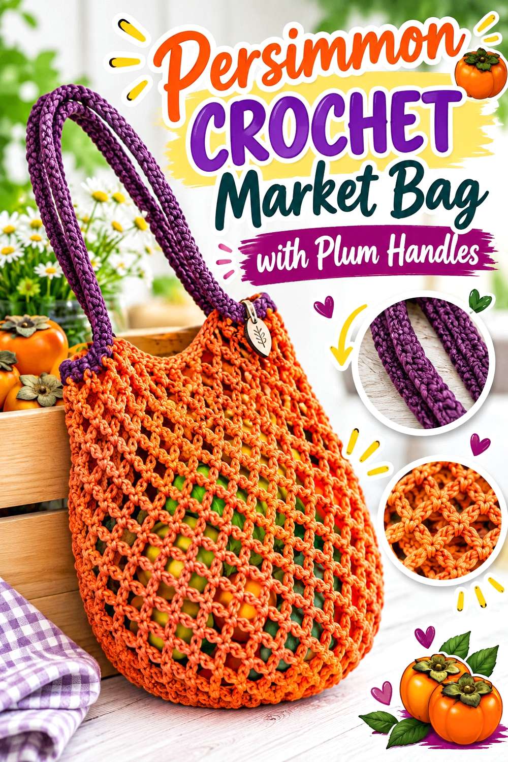 Persimmon Crochet Market Bag with Plum Handles