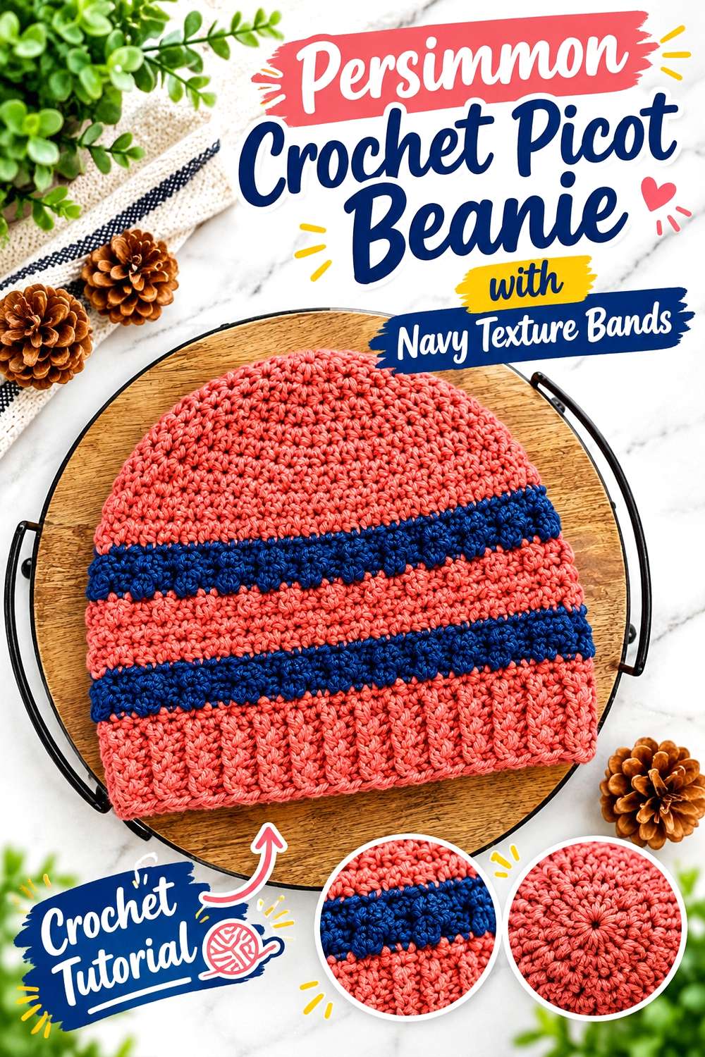 Persimmon Crochet Picot Beanie with Navy Texture Bands