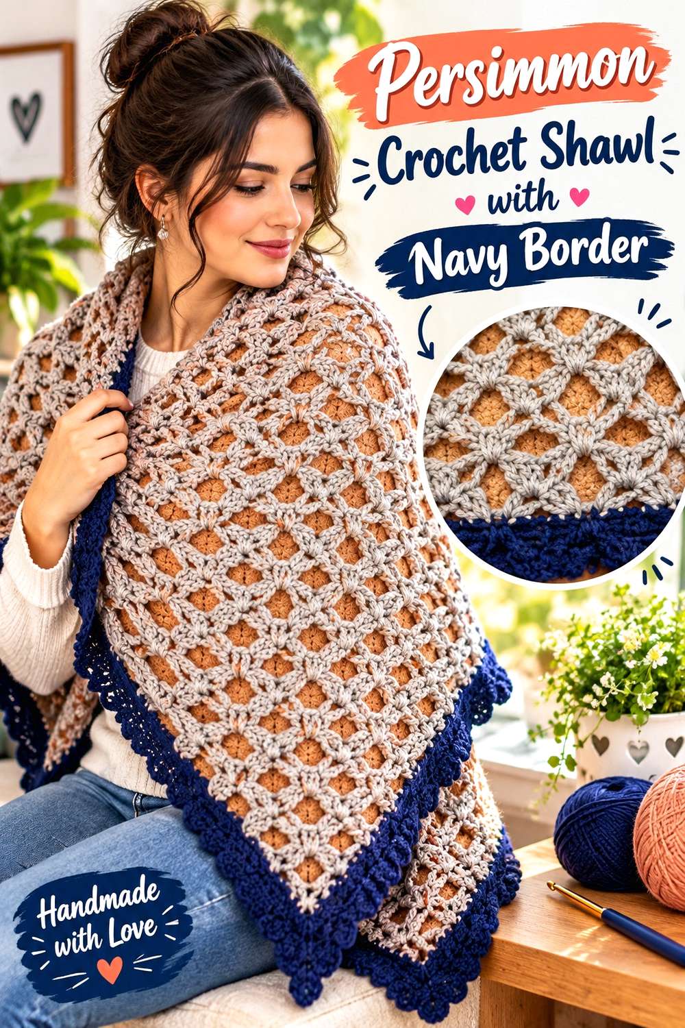 Persimmon Crochet Shawl with Navy Border
