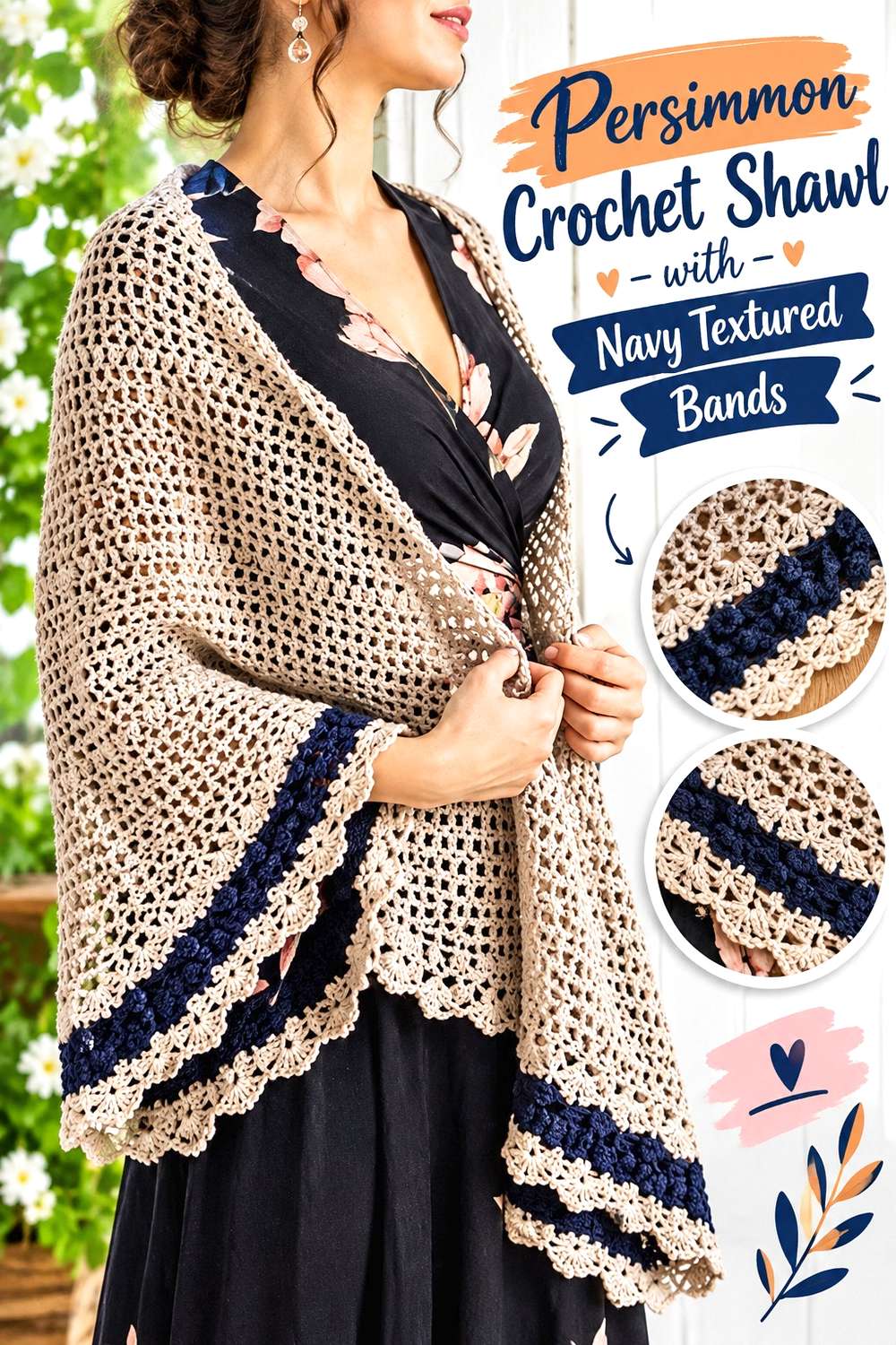 Persimmon Crochet Shawl with Navy Textured Bands