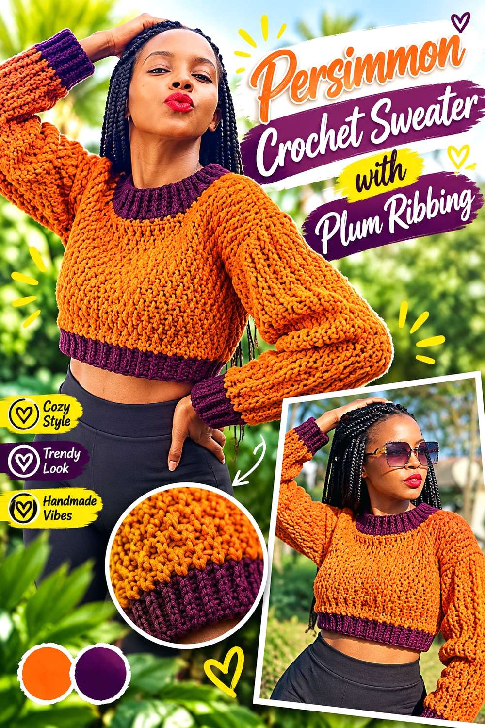 Persimmon Crochet Sweater with Plum Ribbing