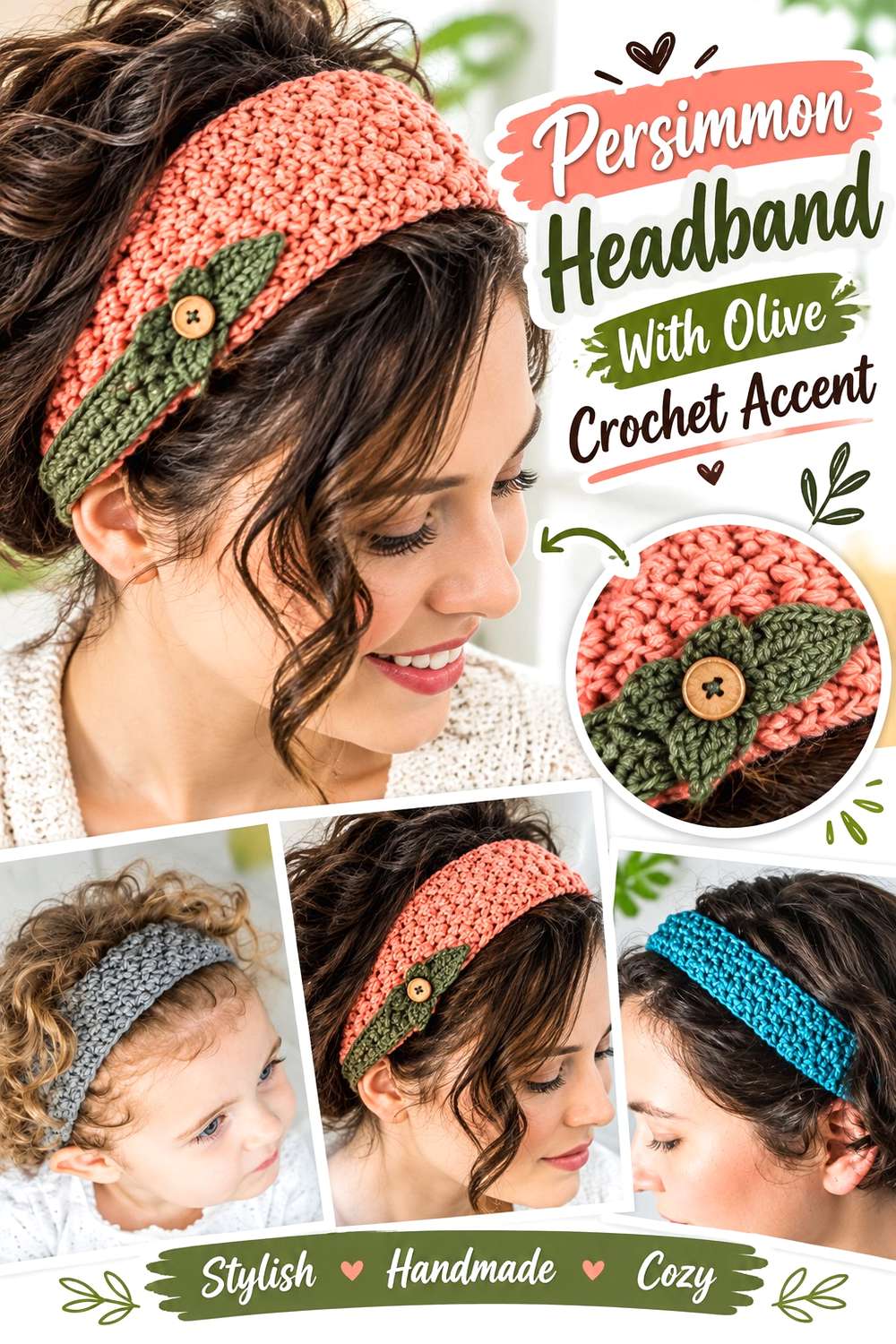 Persimmon Headband With Olive Crochet Accent