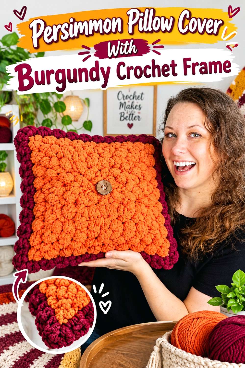 17. Persimmon Pillow Cover With Burgundy Crochet Frame