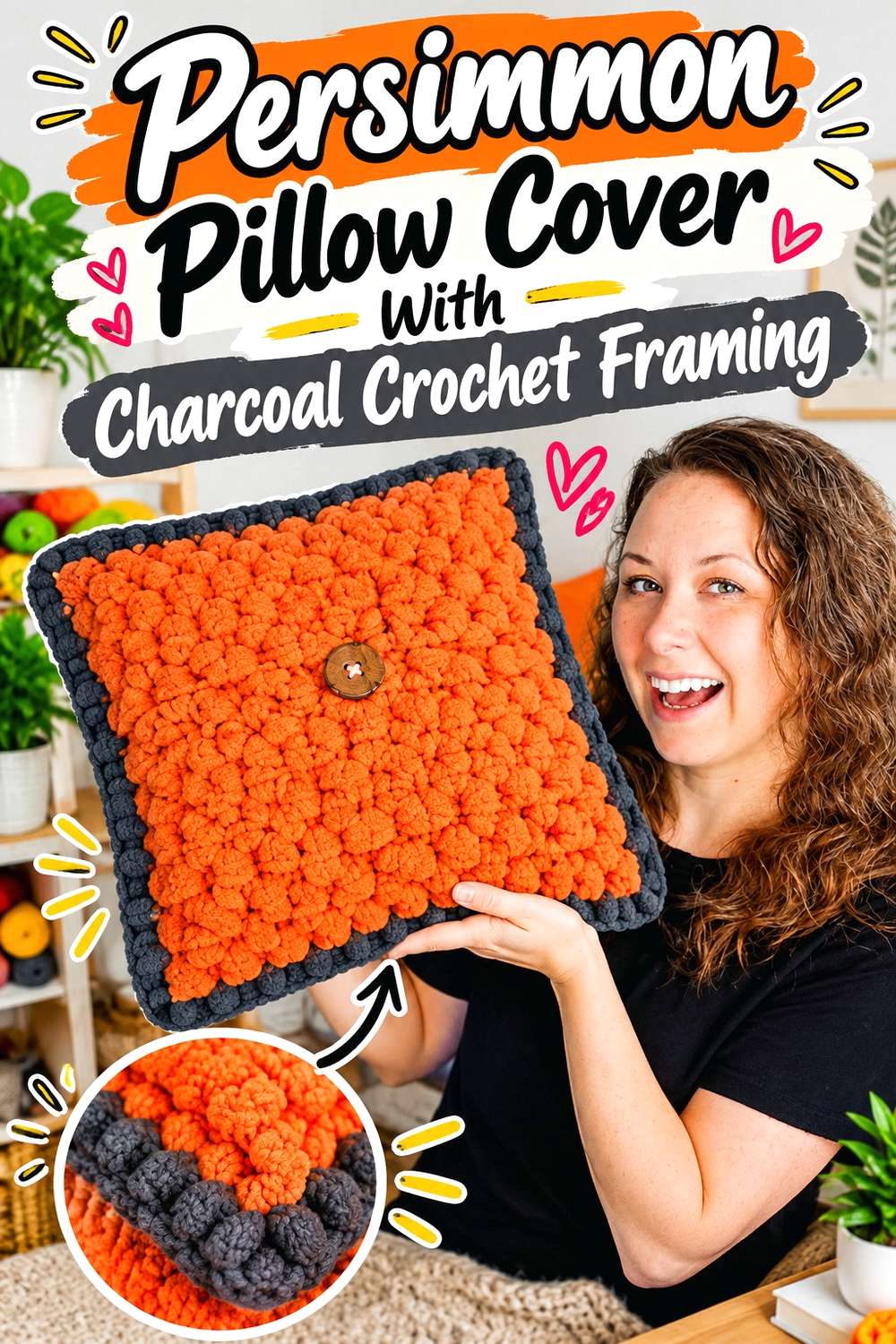 Persimmon Pillow Cover With Charcoal Crochet Framing