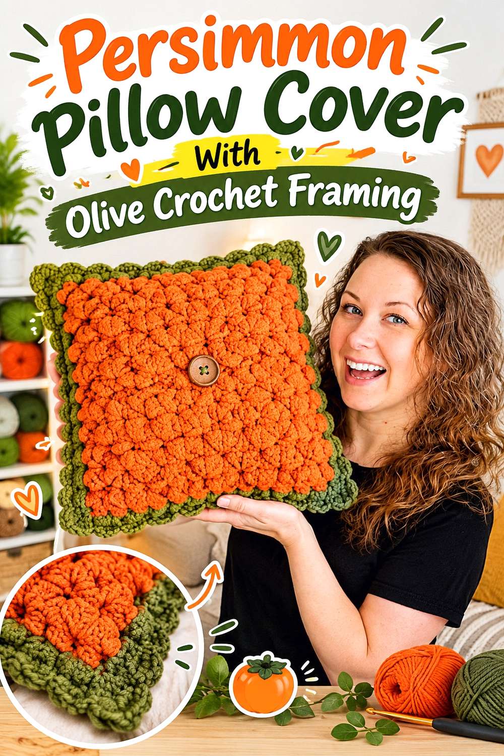 Persimmon Pillow Cover With Olive Crochet Framing