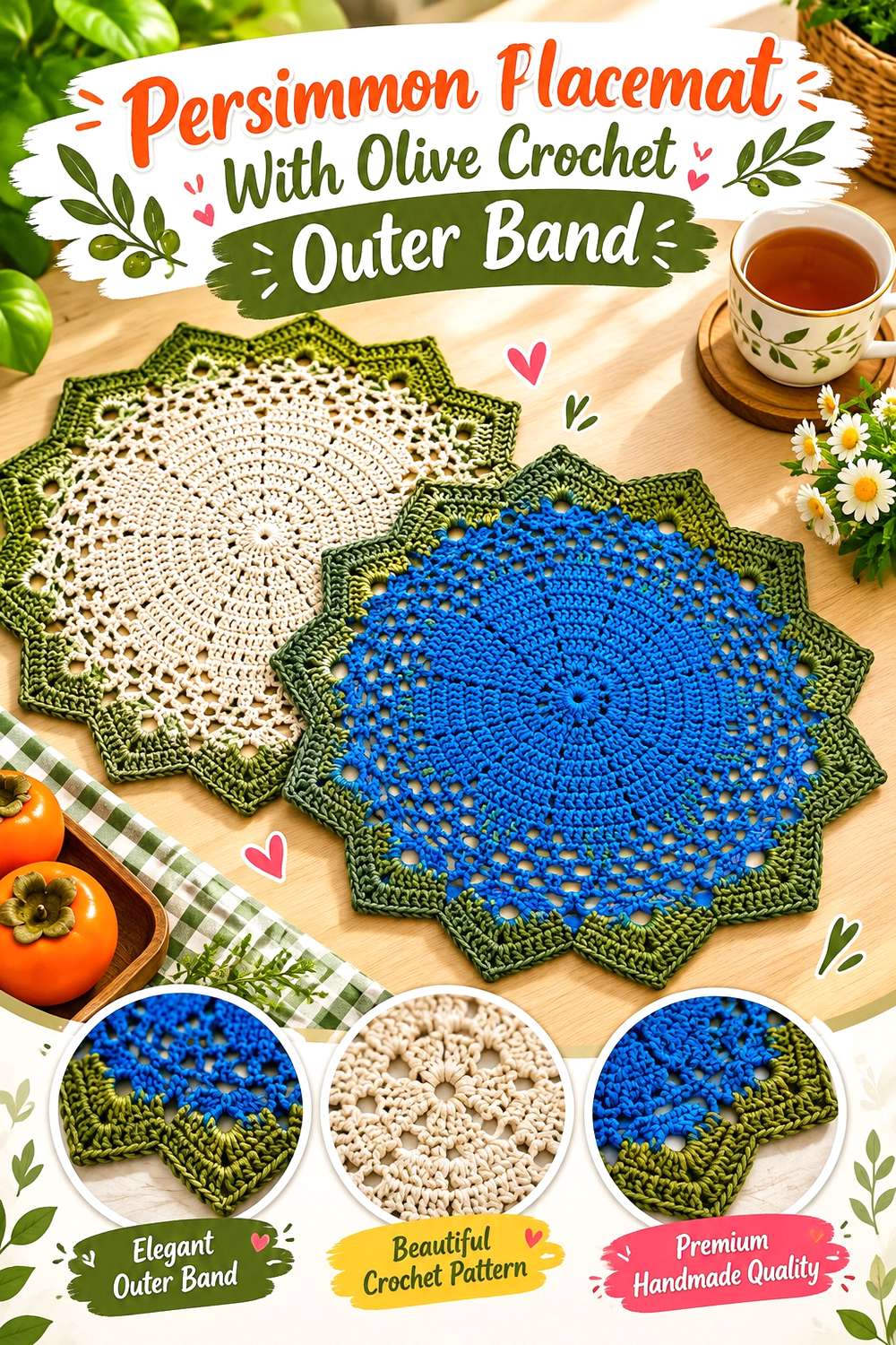 Persimmon Placemat With Olive Crochet Outer Band