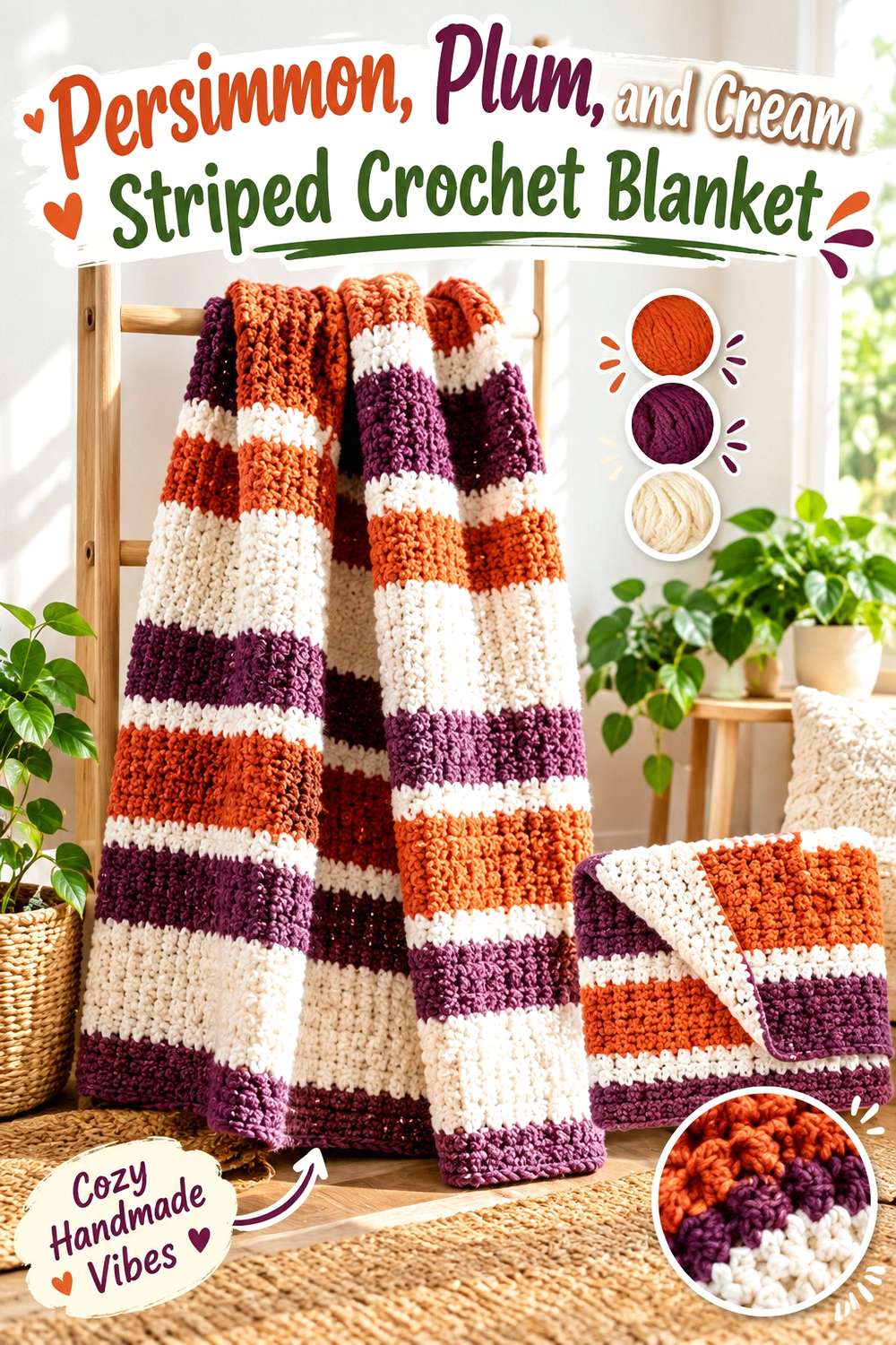 Persimmon, Plum, and Cream Striped Crochet Blanket