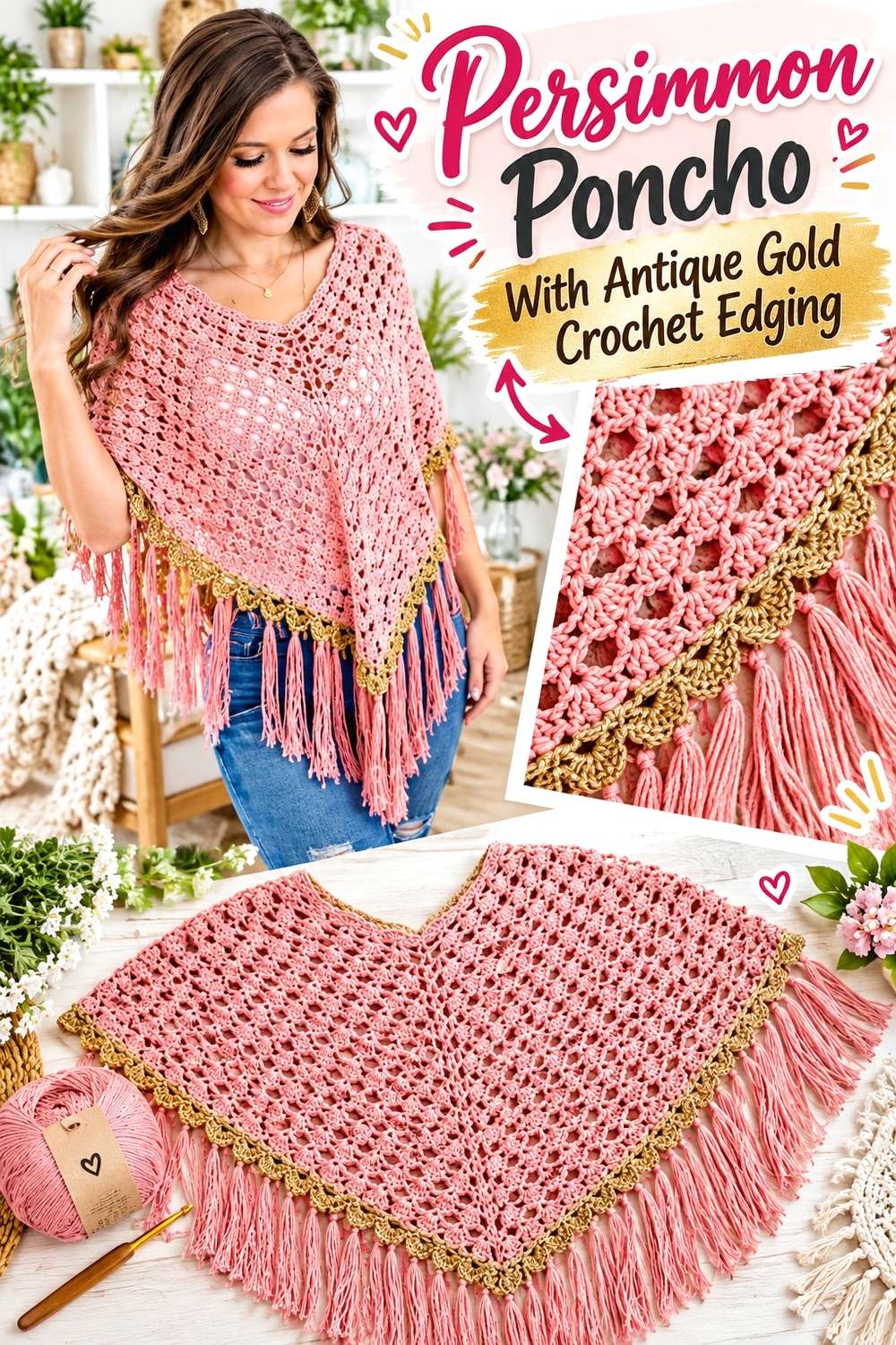 Persimmon Poncho With Antique Gold Crochet Edging