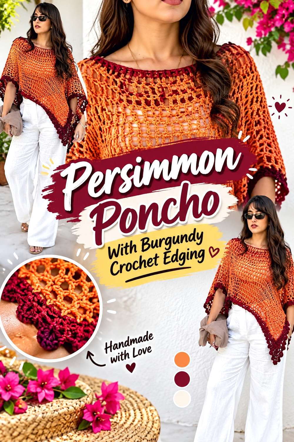 11. Persimmon Poncho With Burgundy Crochet Edging