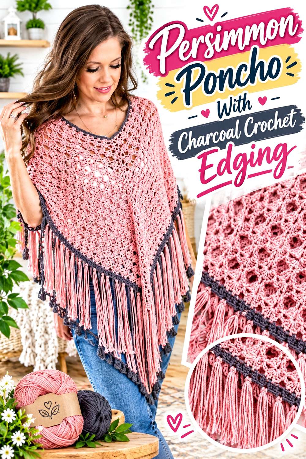 Persimmon Poncho With Charcoal Crochet Edging