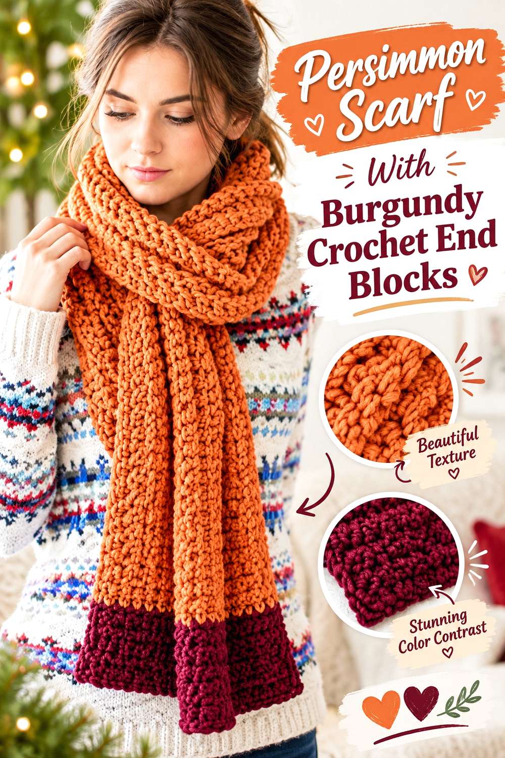 6. Persimmon Scarf With Burgundy Crochet End Blocks