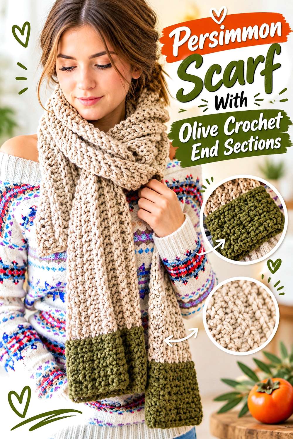 Persimmon Scarf With Olive Crochet End Sections