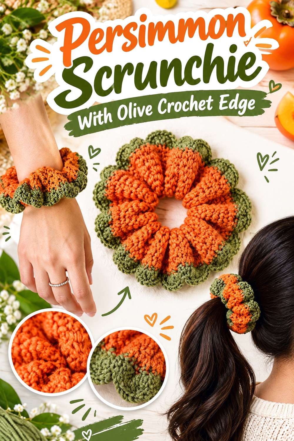 Persimmon Scrunchie With Olive Crochet Edge
