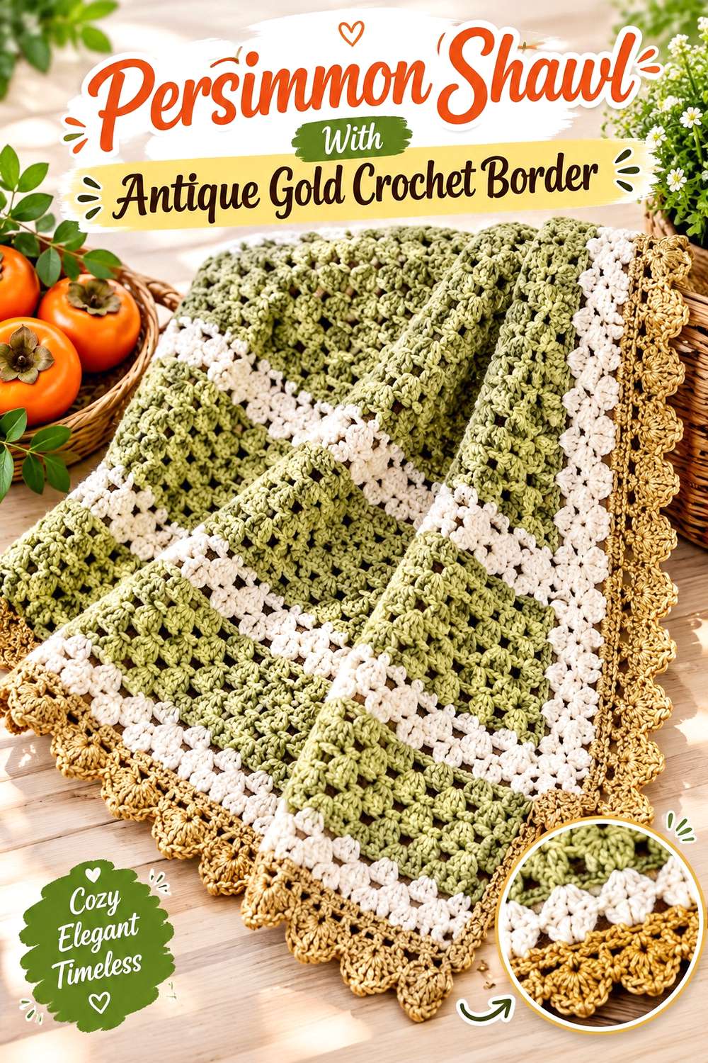 Persimmon Shawl With Antique Gold Crochet Border