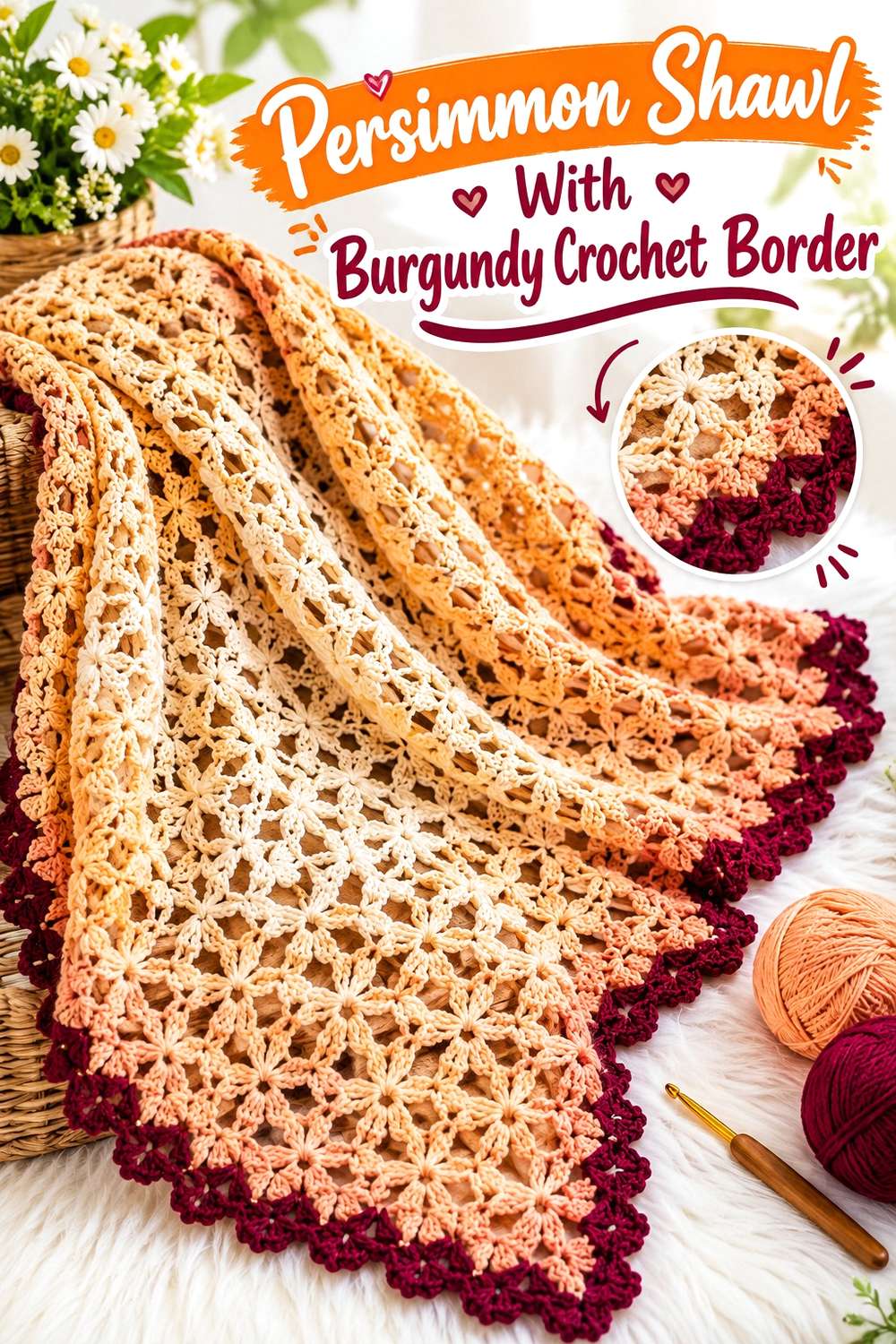 7. Persimmon Shawl With Burgundy Crochet Border