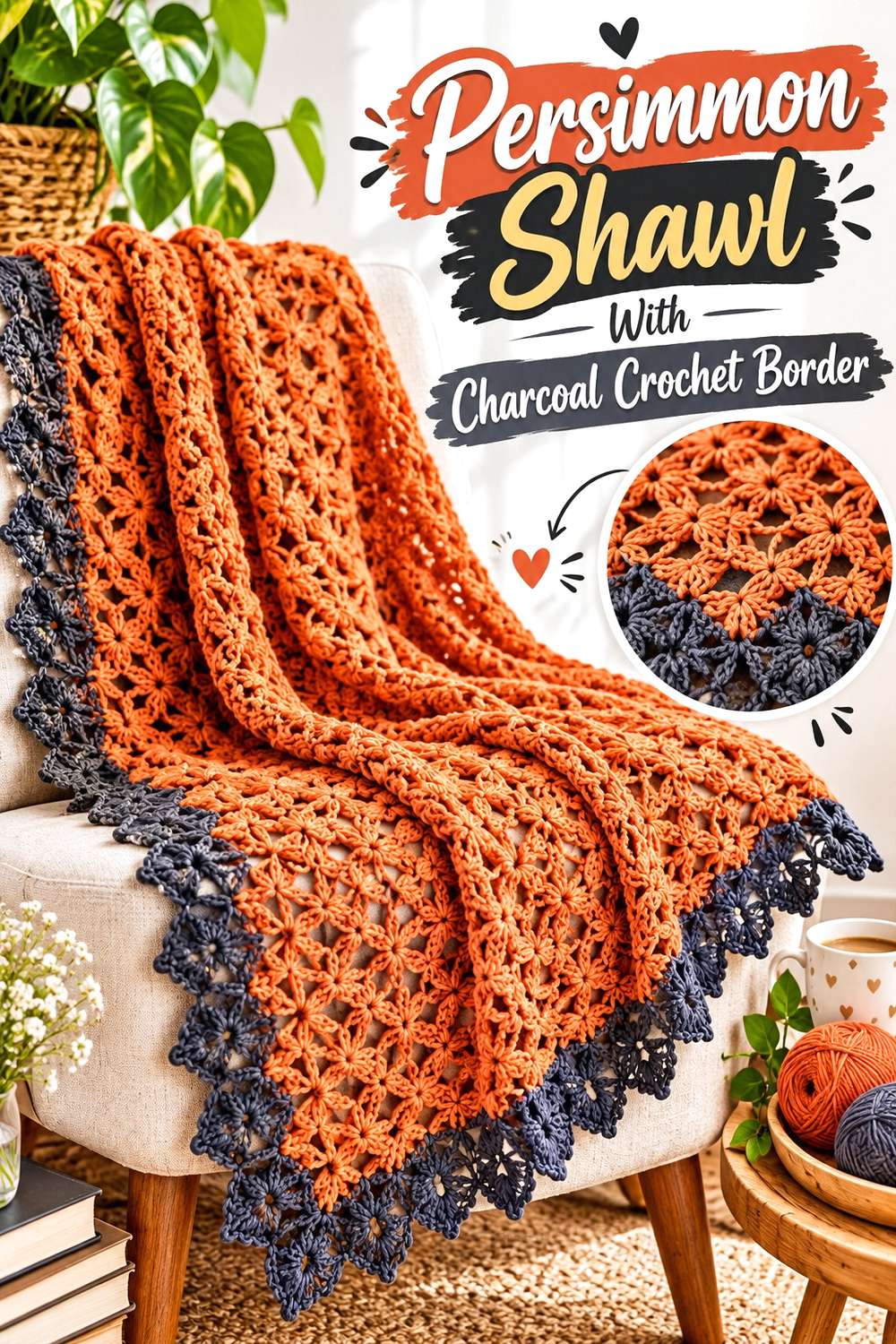 Persimmon Shawl With Charcoal Crochet Border