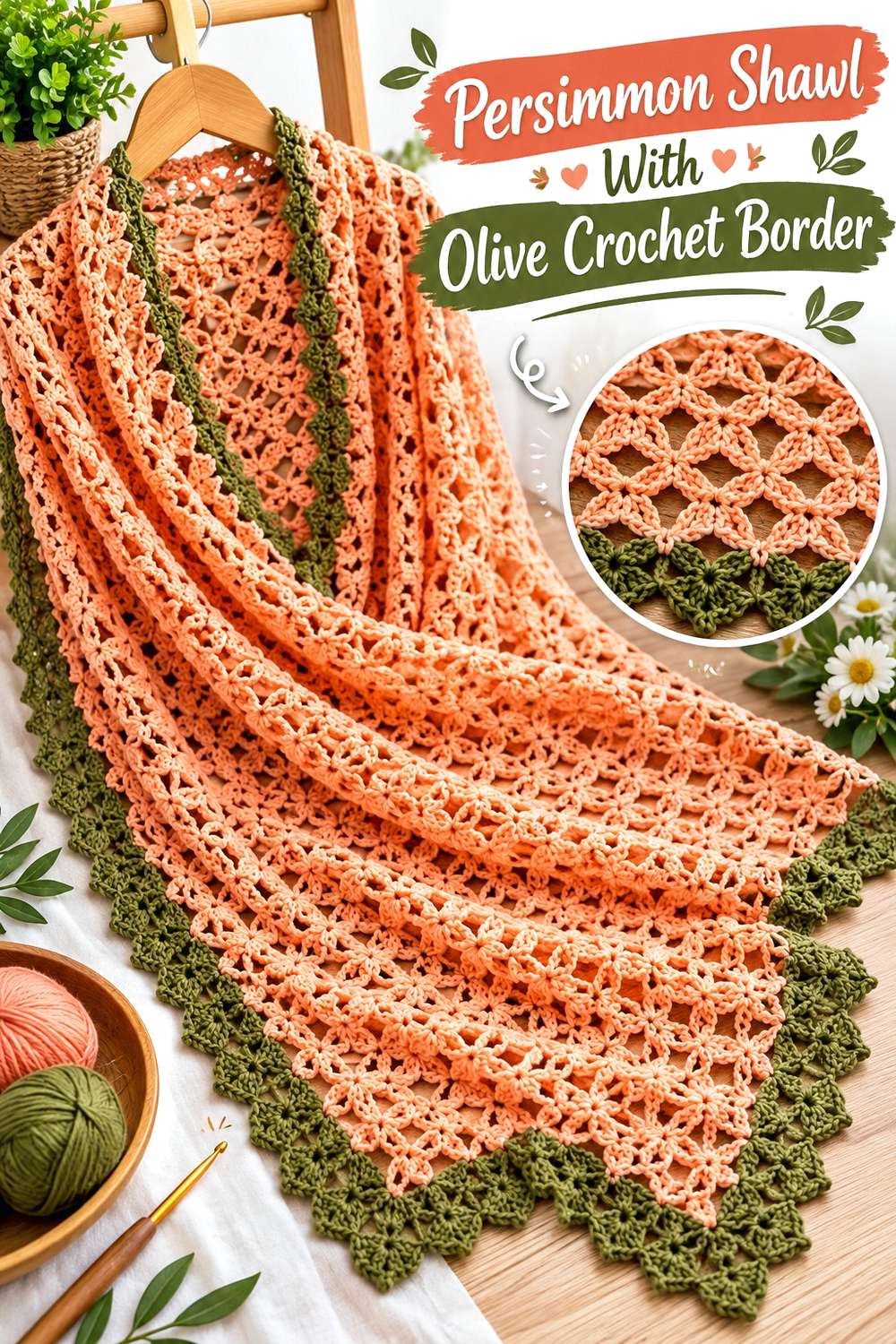 Persimmon Shawl With Olive Crochet Border