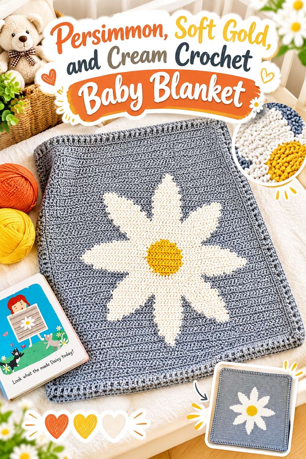 Persimmon, Soft Gold, and Cream Crochet Baby Blanket