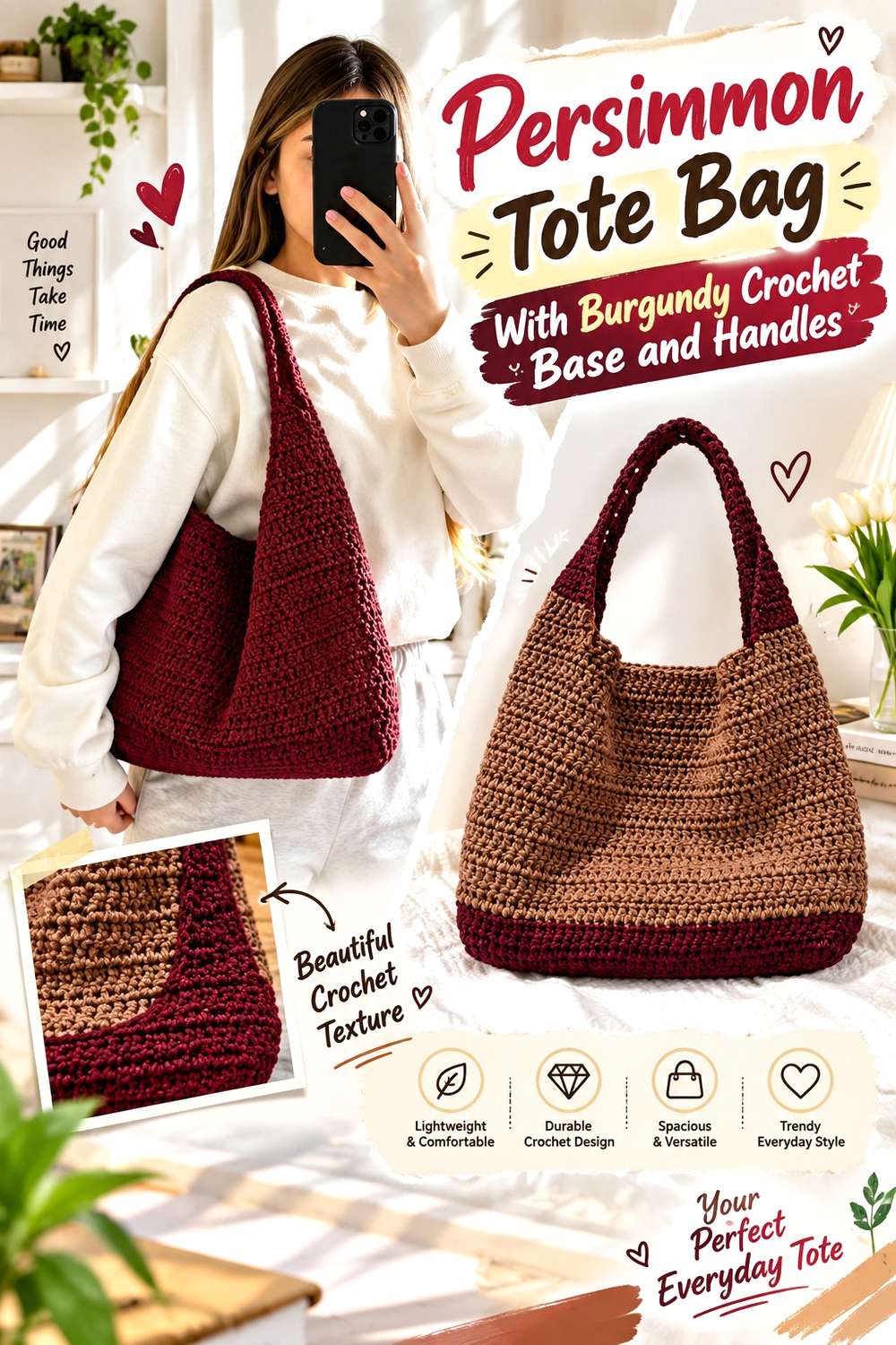 9. Persimmon Tote Bag With Burgundy Crochet Base And Handles