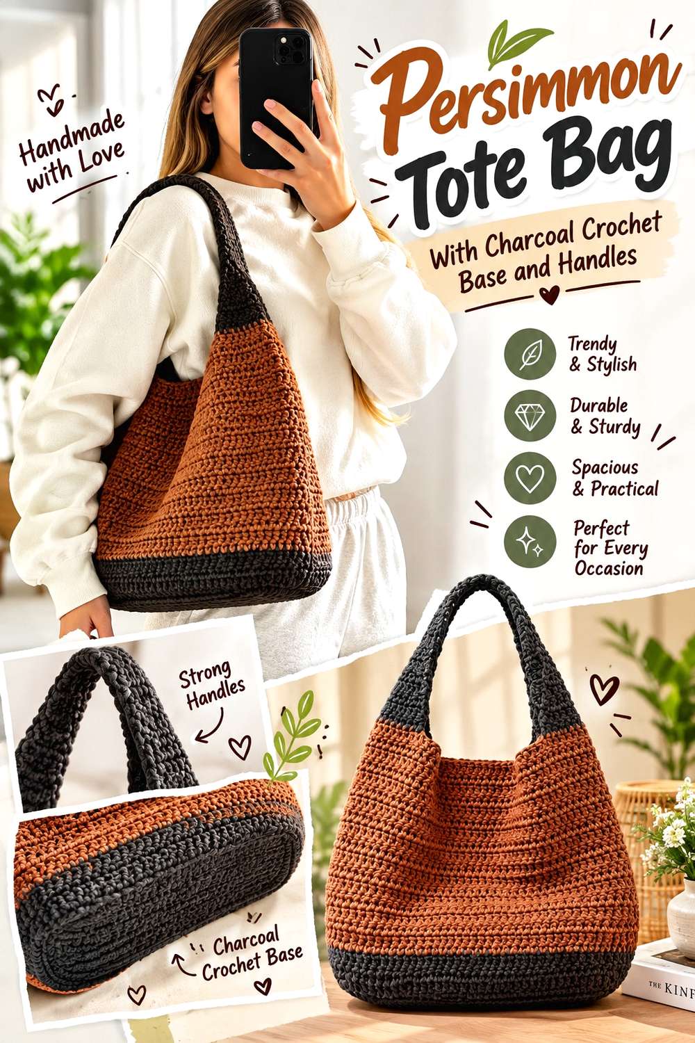 Persimmon Tote Bag With Charcoal Crochet Base and Handles