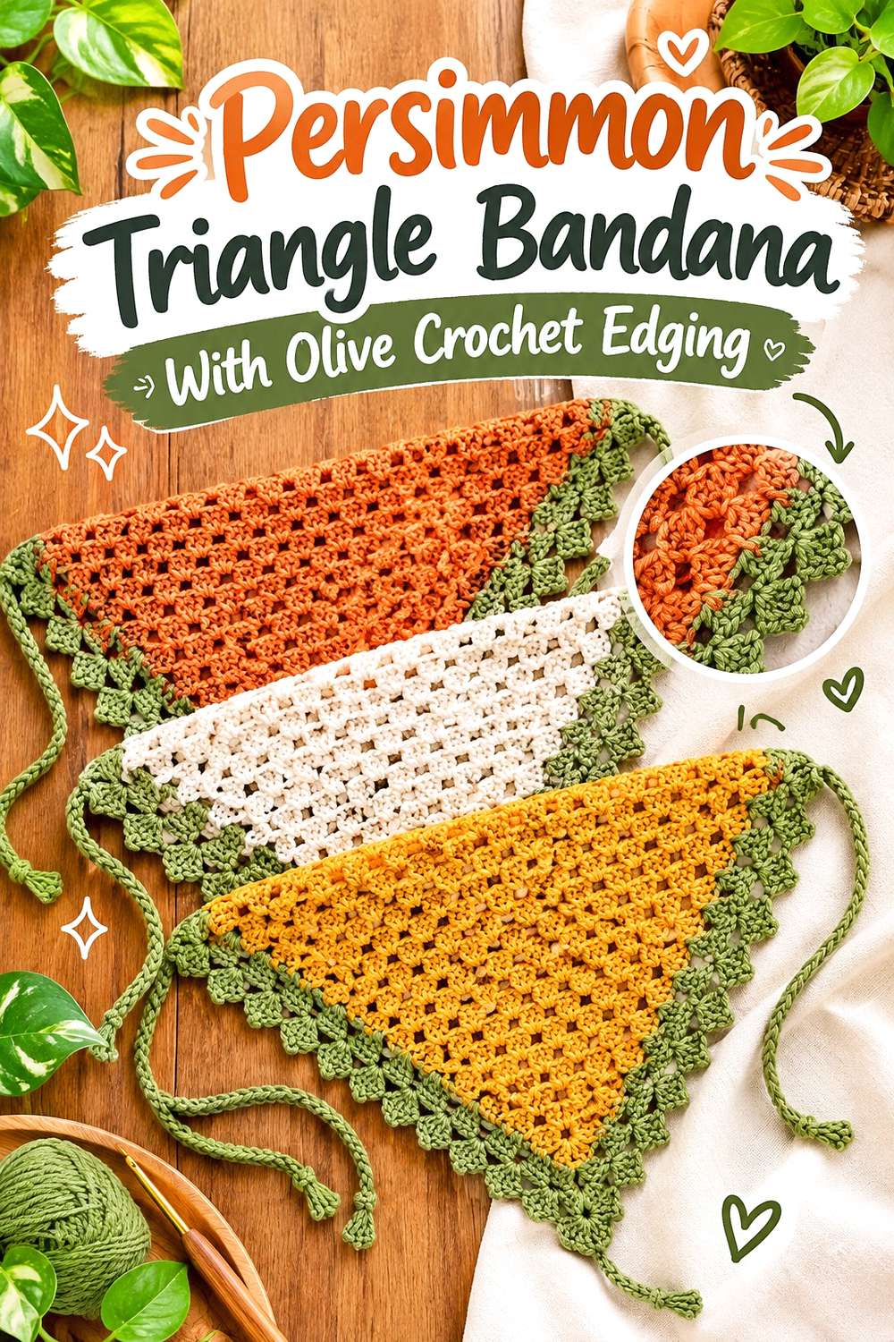 Persimmon Triangle Bandana With Olive Crochet Edging