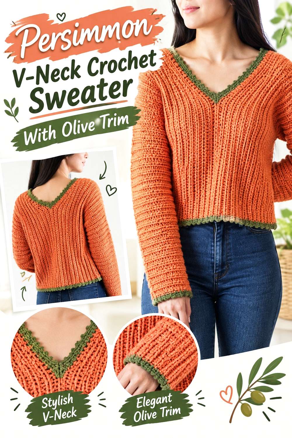 Persimmon V-Neck Crochet Sweater With Olive Trim