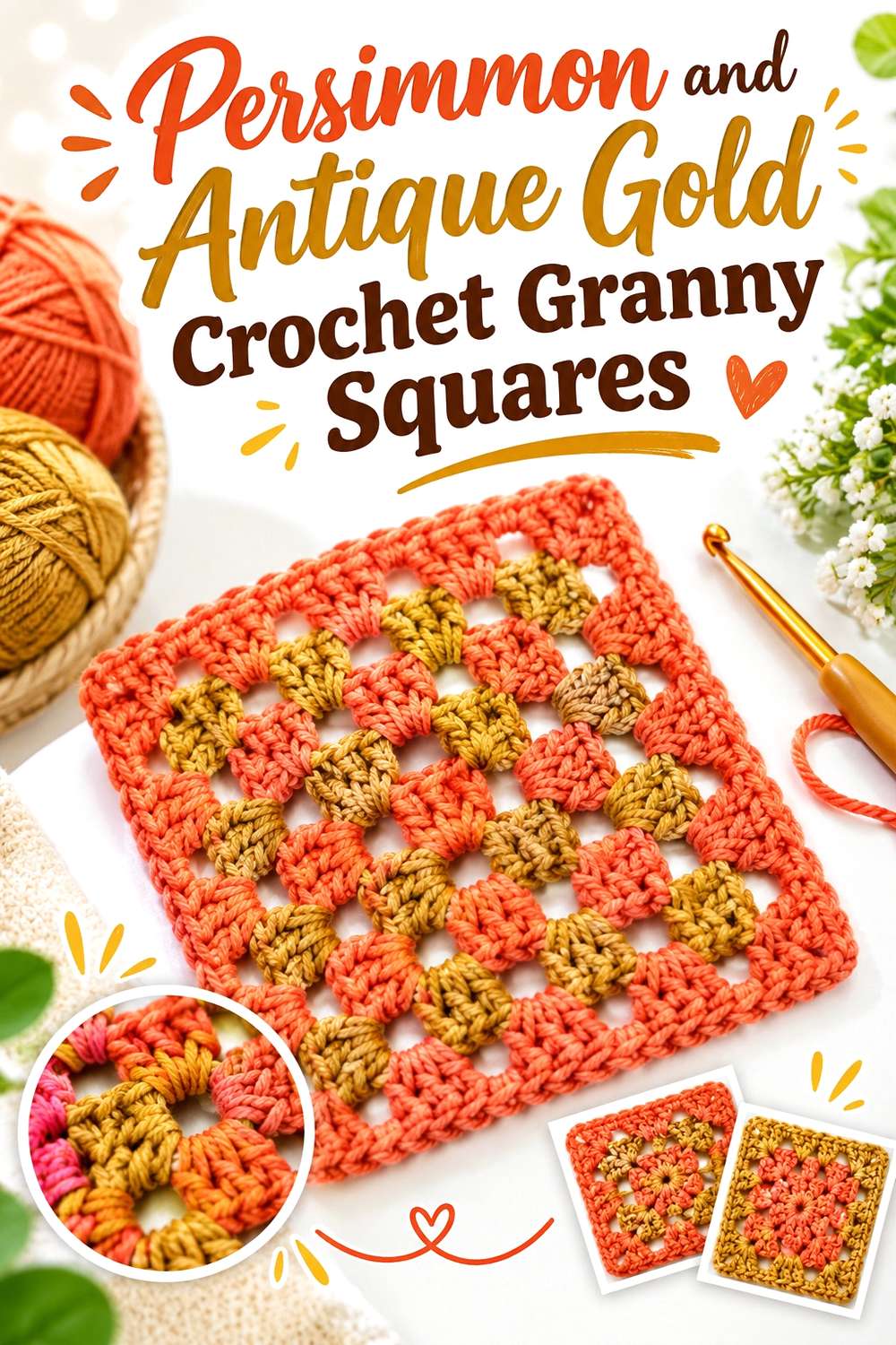 Persimmon and Antique Gold Crochet Granny Squares