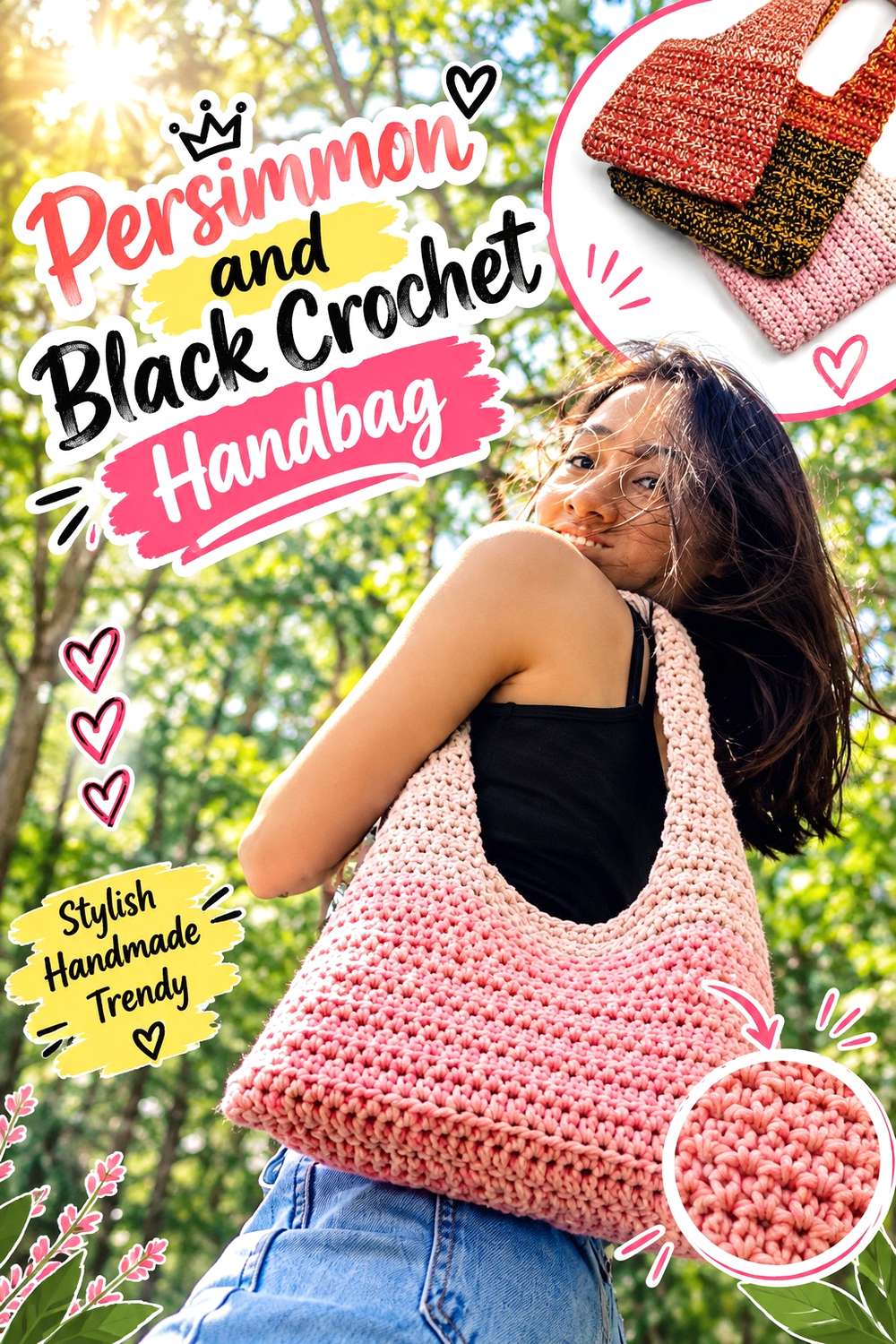 Persimmon and Black Crochet Handbag