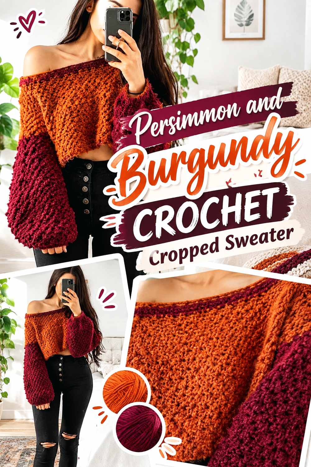 12. Persimmon And Burgundy Crochet Cropped Sweater