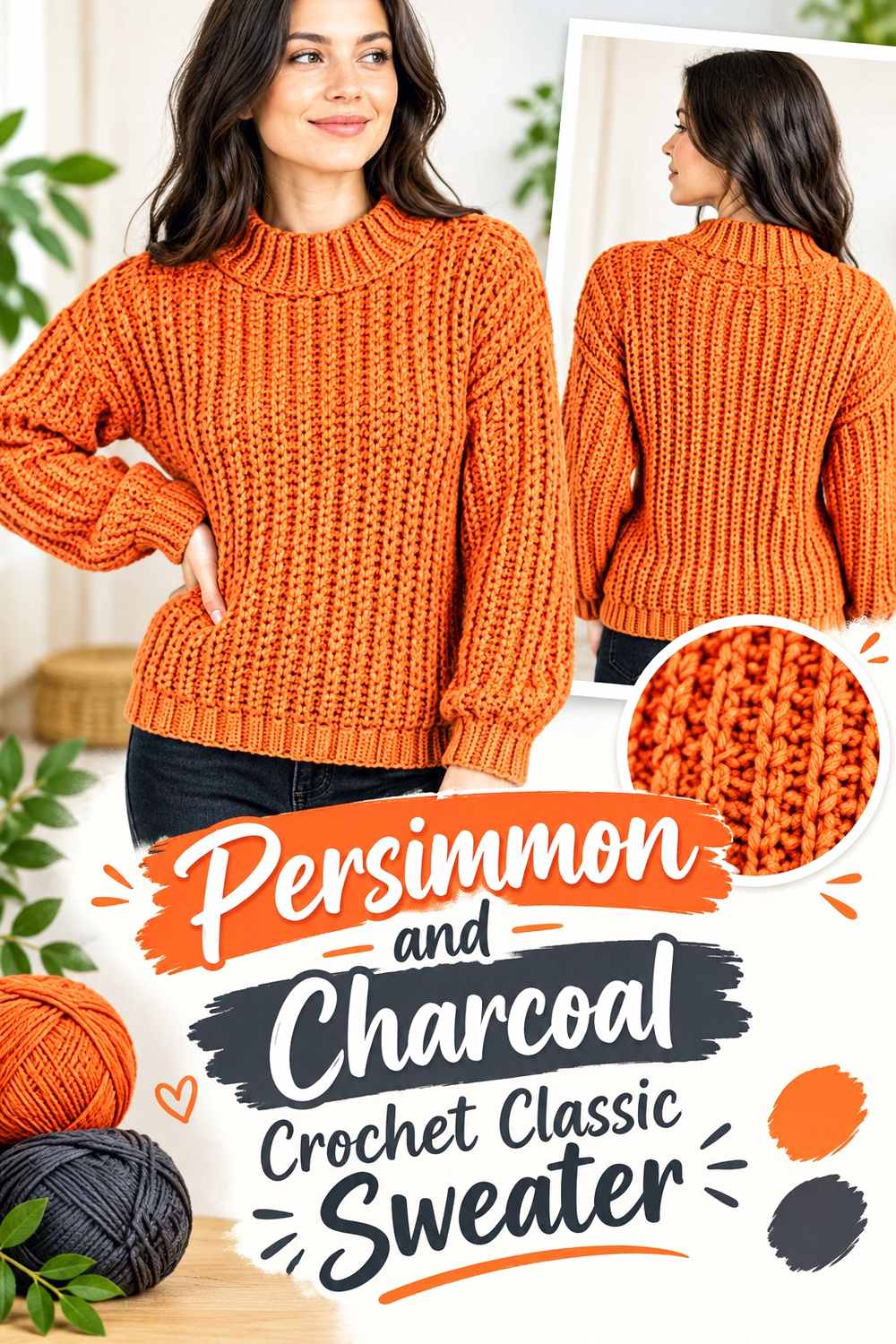 4. Persimmon And Charcoal Crochet Classic Sweater