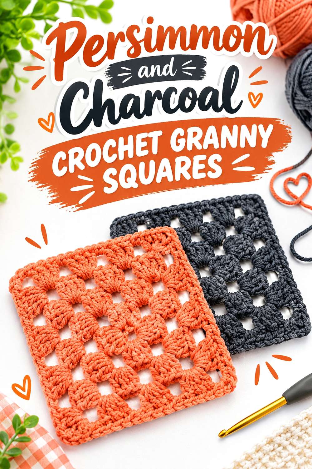 Persimmon and Charcoal Crochet Granny Squares