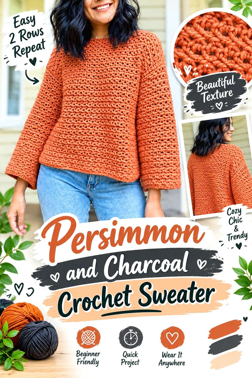 Persimmon and Charcoal Crochet Sweater