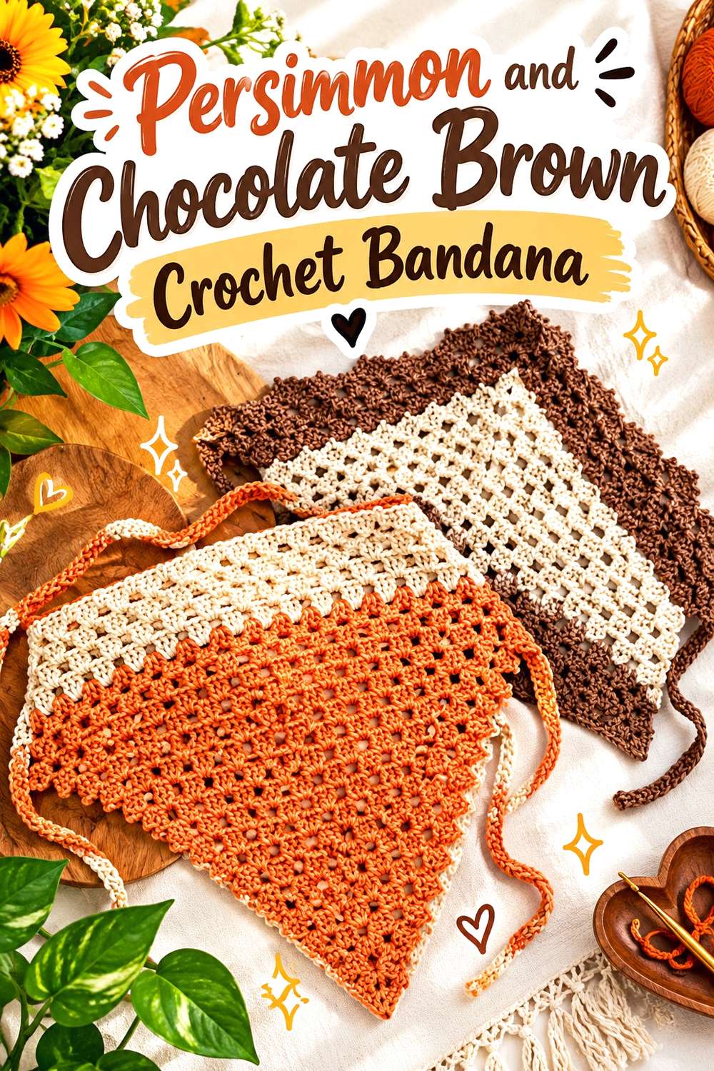 Persimmon and Chocolate Brown Crochet Bandana