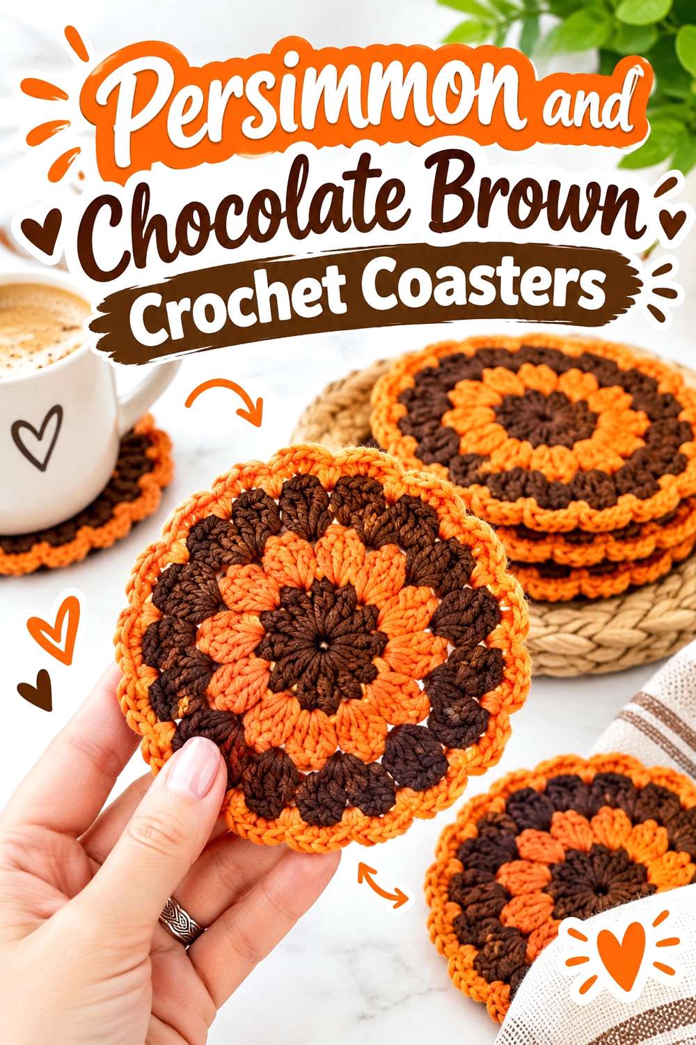 Persimmon and Chocolate Brown Crochet Coasters