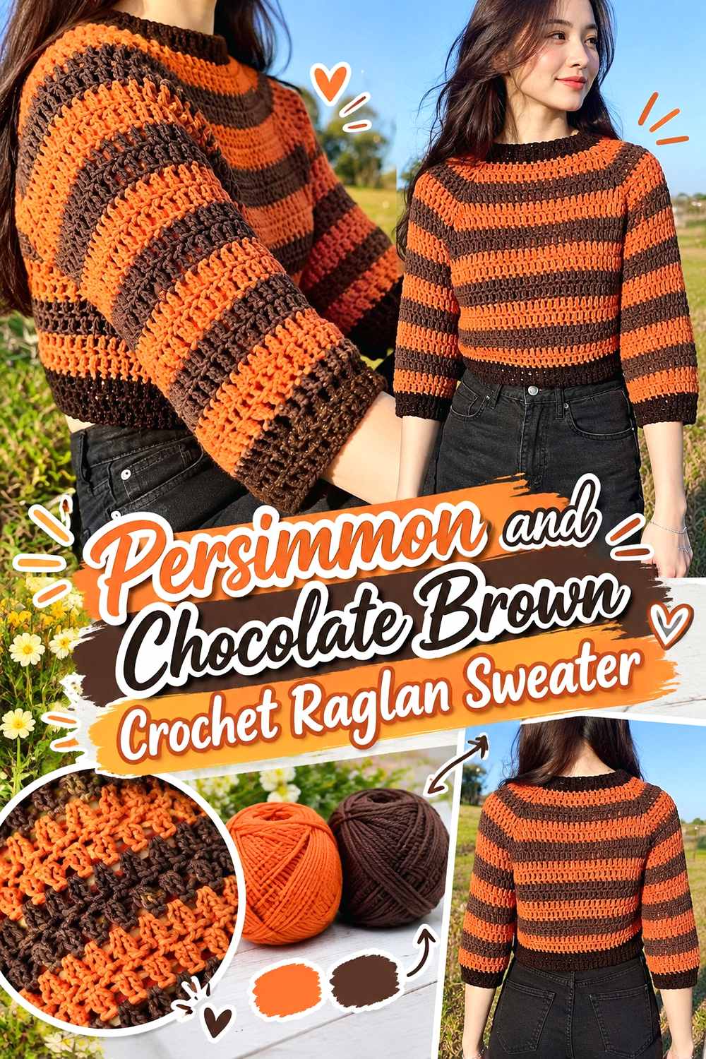 2. Persimmon And Chocolate Brown Crochet Raglan Sweater