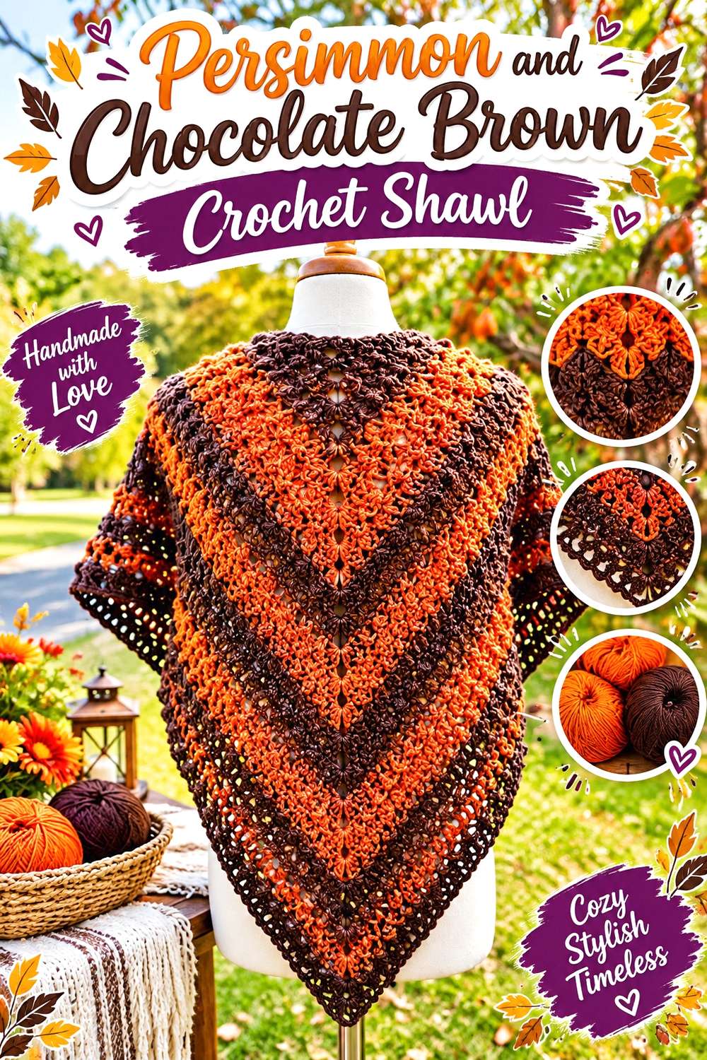 Persimmon and Chocolate Brown Crochet Shawl